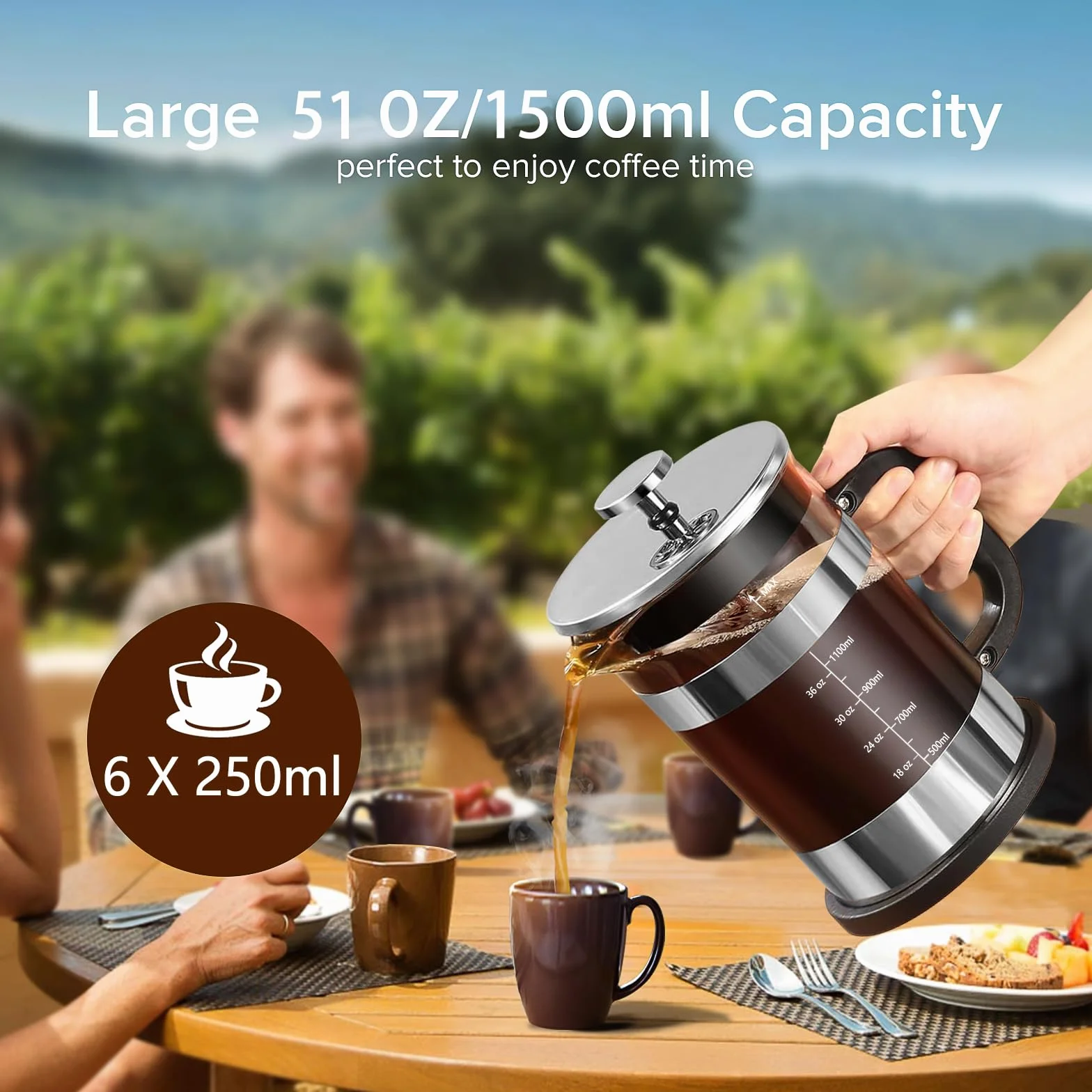QUQIYSO Cafetera de prensa francesa de acero inoxidable 304 de 50 onzas con 4 filtros, resistente al calor, duradera, fácil de limpiar, prensa de café de vidrio de borosilicato, plateado