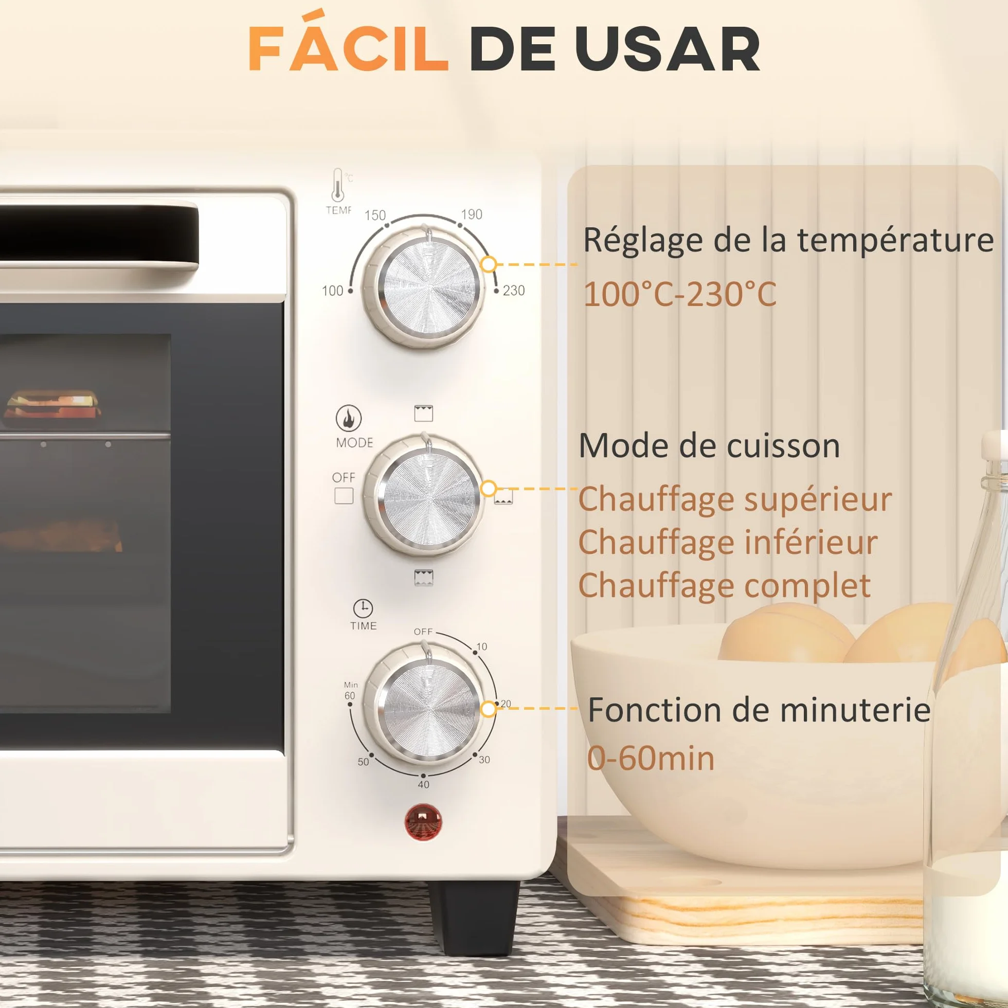 HOMCOM Horno Eléctrico de Sobremesa Horno Sobremesa de 21L 1400W Mini Horno Tostador con Temporizador hasta 60min y Temperatura Regulable hasta 230℃ Crema