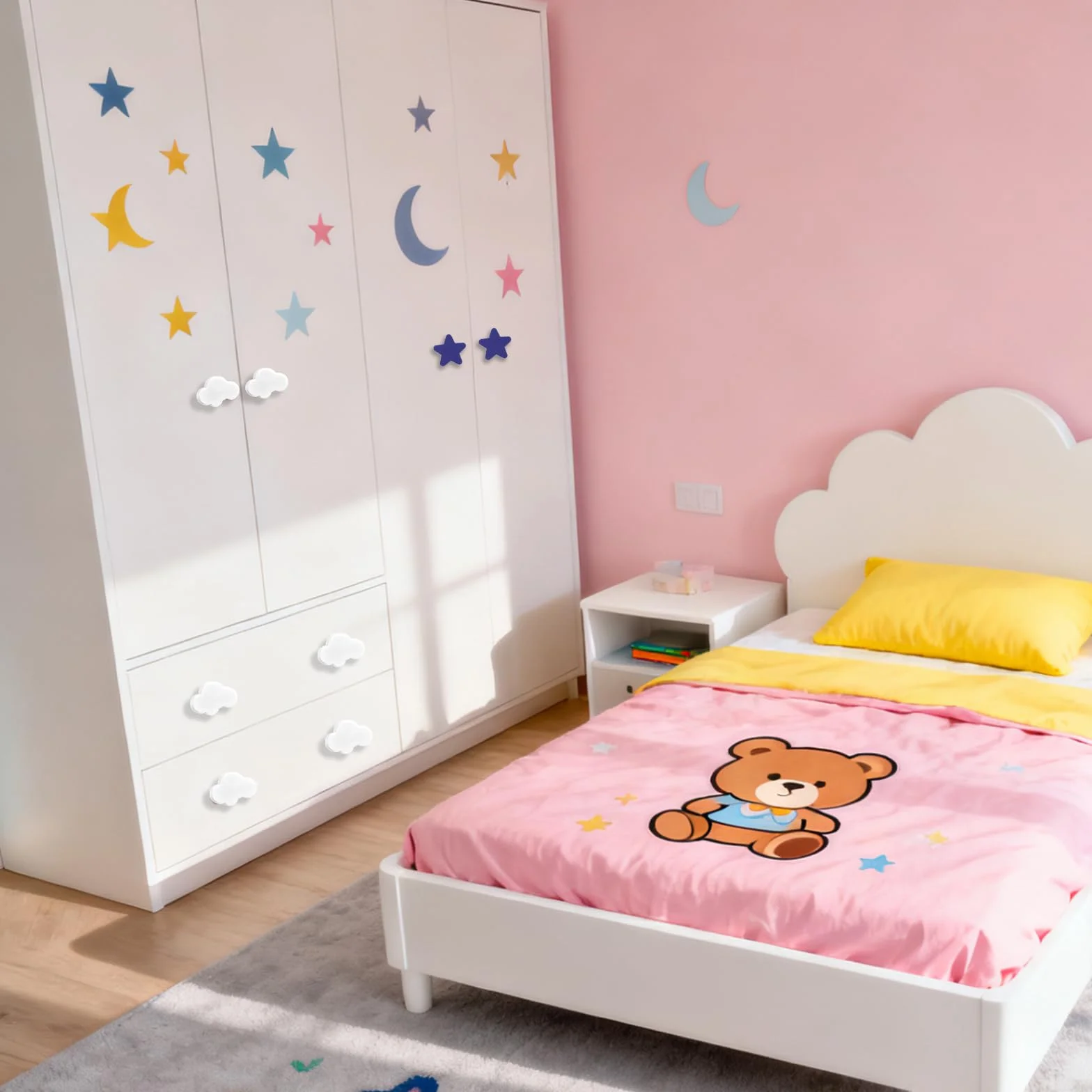 6 Piezas Tiradores Infantiles para Cajones y Armarios,con Diseño de Nube y Estrella Pomos de Goma Suave para Habitaciones de Niños Seguro Divertido y Decorativo para Tiradores de Armario