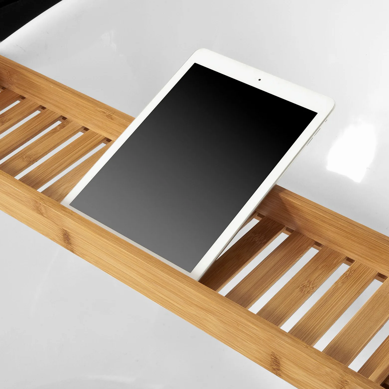 SoBuy FRG212-N,ES Bandeja de Bambú para Bañera,Estante de Baño,L80cm,con Soporte para Libro, iPad y Móvil