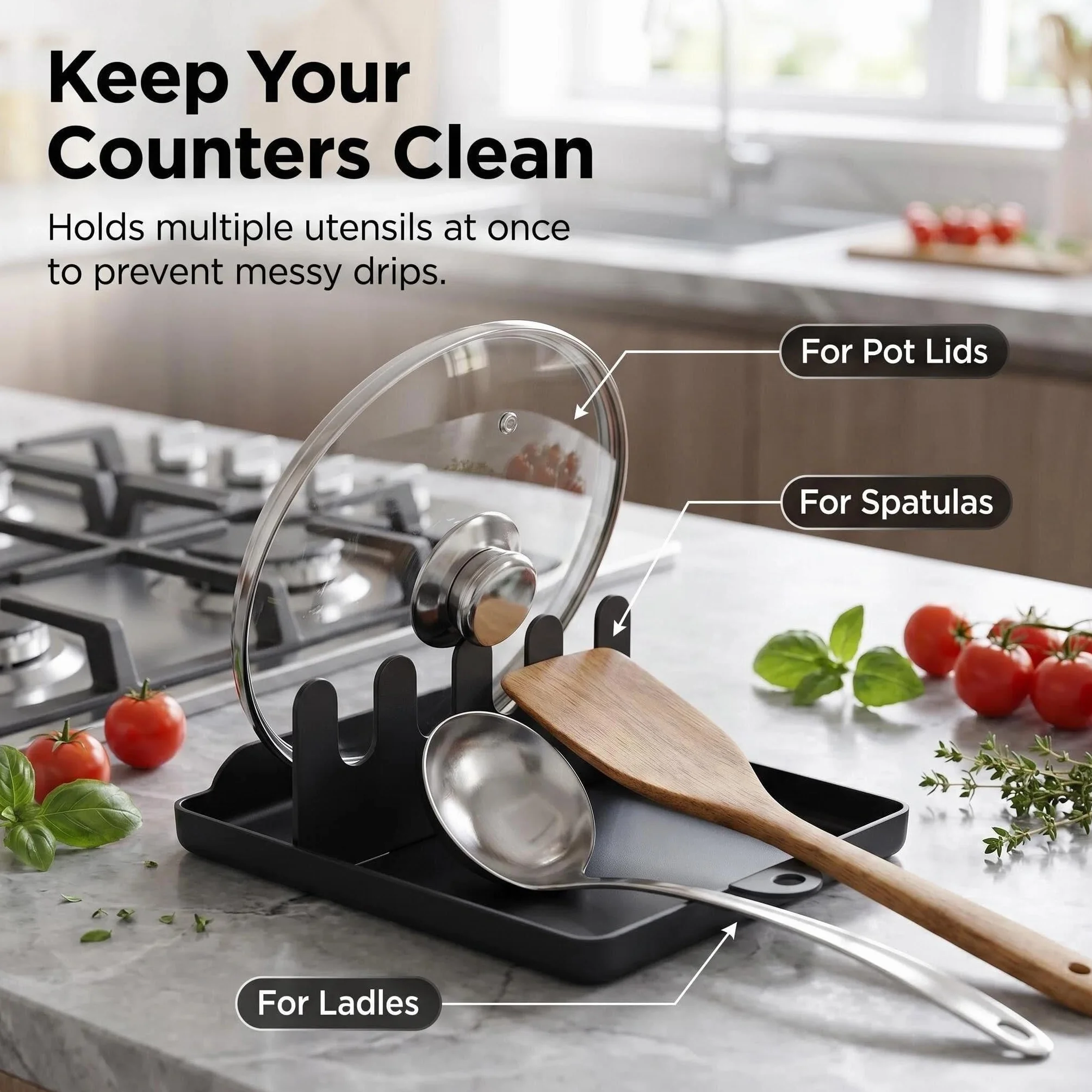 Soporte Organizador de Cocina - Para Tapas de Ollas, Cucharas y Utensilios (Acero Inoxidable 304, Antideslizante, Multifunción) - Resistente al Calor y Lavavajillas -Soporte de Tapas y Cucharas