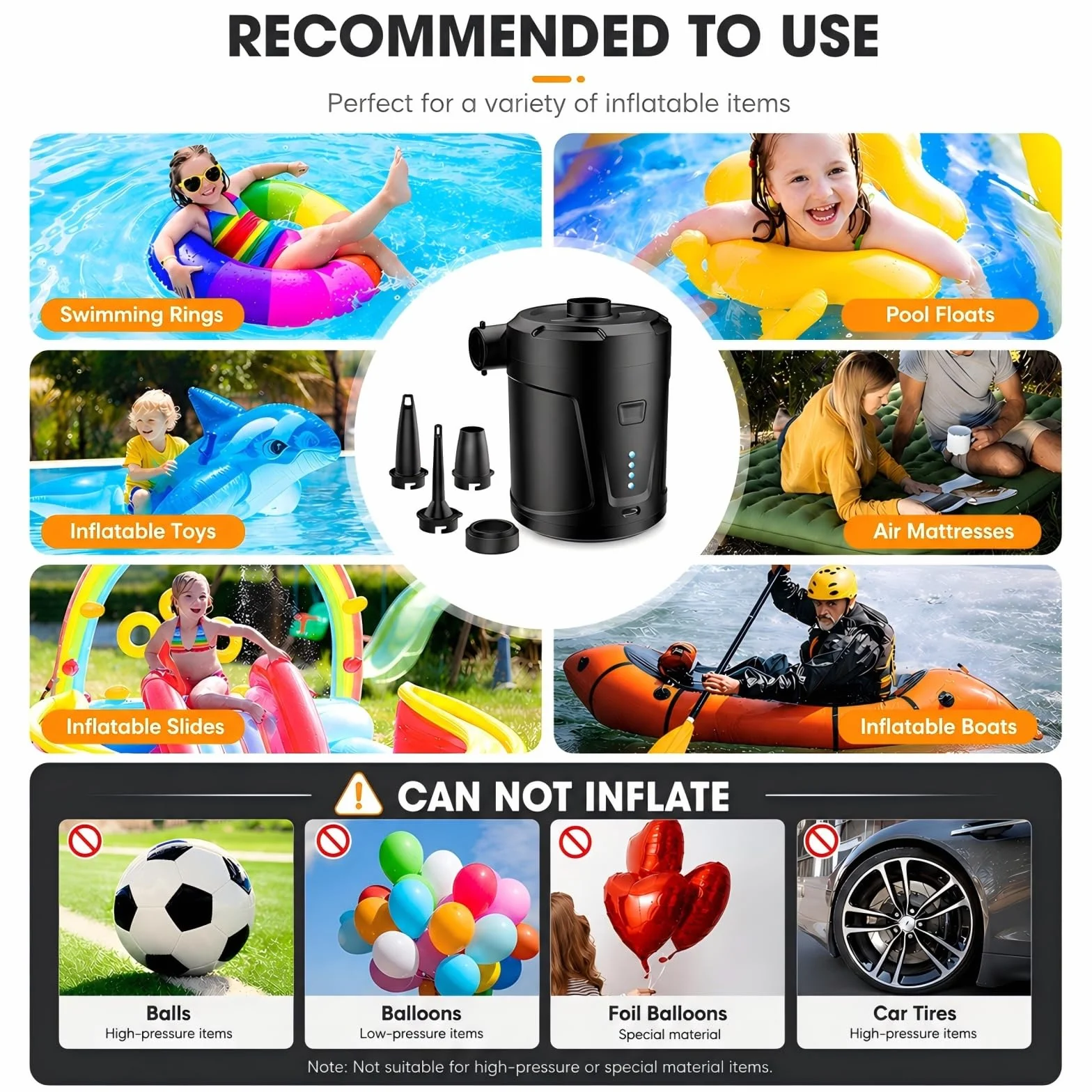 Mini Bomba de Aire Eléctrica Recargable 5200 mAh 3 Boquillas para Piscina Infantil, Bote Inflable