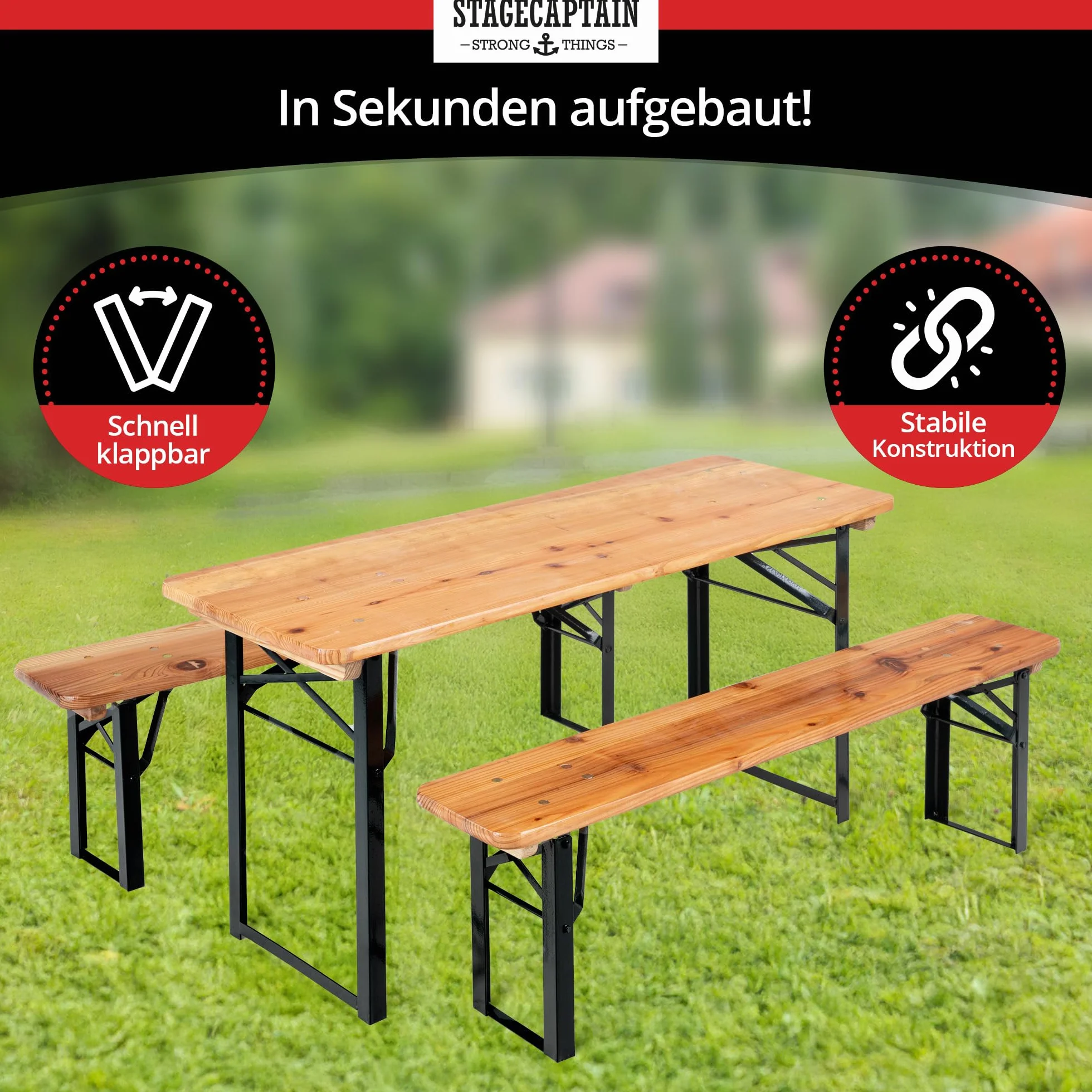 Stagecaptain BBK-110 Hirschgarten - Conjunto Infantil Plegable 110 cm: 1 Mesa + 2 Bancos de Madera, Festivo, Interior/Exterior, Acabado Natural