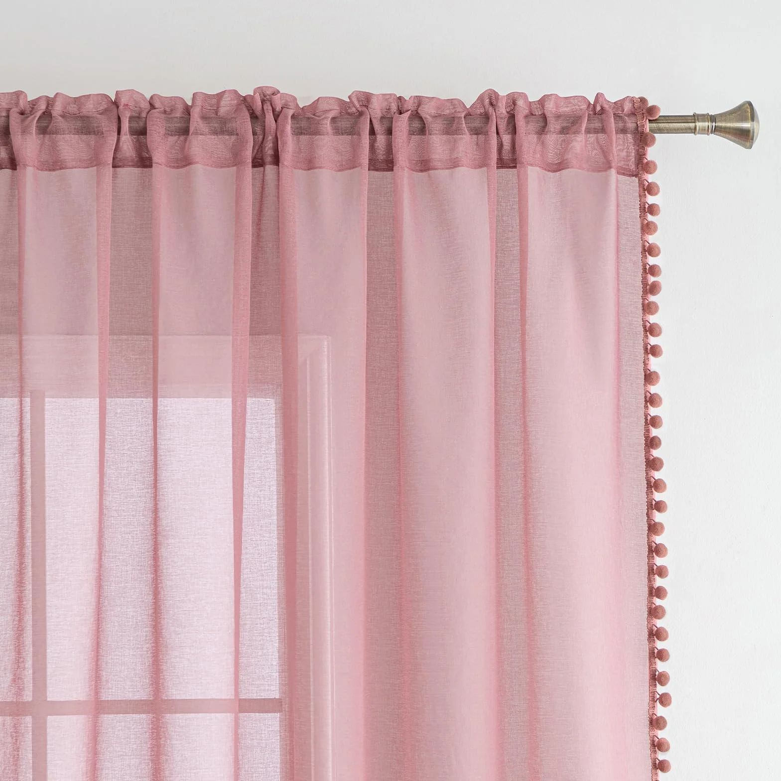MIULEE Cortina Habitacion Rosa Oscuro con Pompones, 2 Piezas Translucidas 140 x 145cm, Visillos Transparentes para Ventanas
