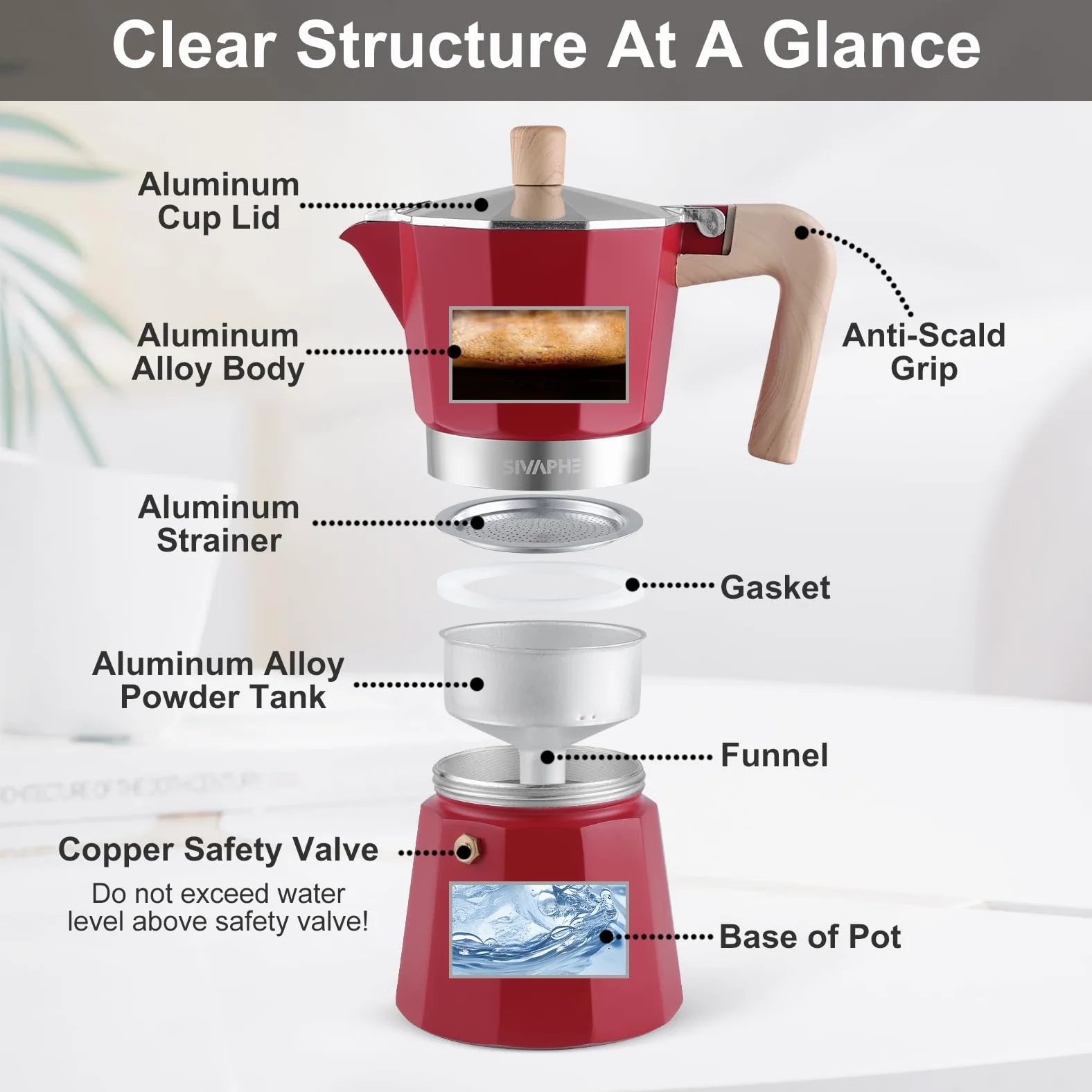 Sivaphe Olla Moka de aluminio con 3 tazas de espresso, cafetera y espresso percoladora, cafetera portátil italiana y cubana para el hogar y camping, color rojo
