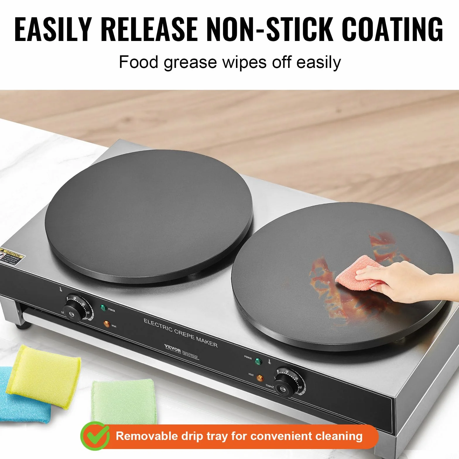 VEVOR Máquina de Crepes Comercial de Doble Cabezal de Placa Plana 6000 W, Antiadherente, Acero Inoxidable, Estufa Circular de Escritorio Panqueques y Cereales, Control Temperatura, (Sin Enchufe)