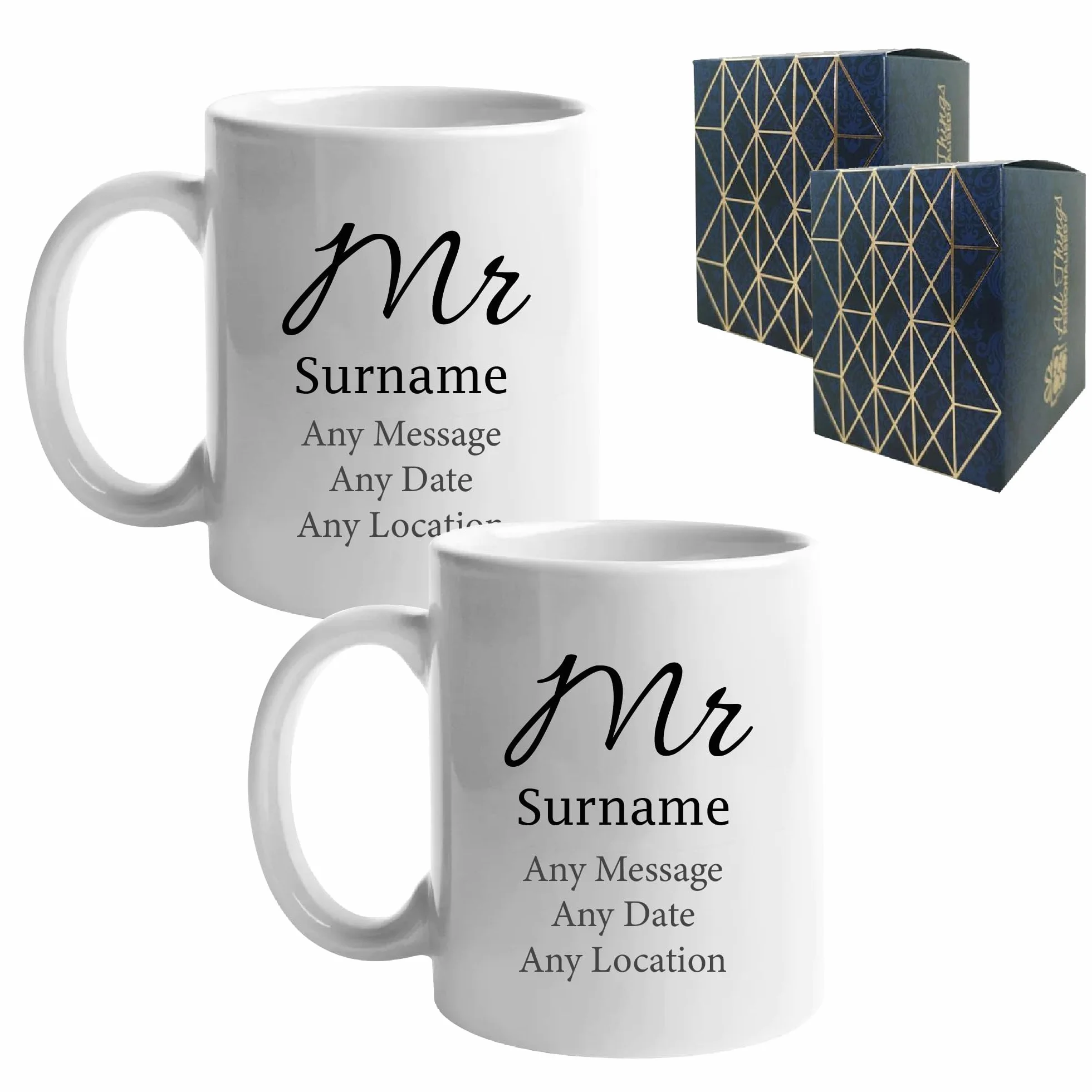 Juego de tazas personalizables con texto en inglés "Mr and Sr", para boda gay con cualquier mensaje y apellido, regalo de aniversario, diseño de fuente elegante, caja de regalo, tazas de 312 ml