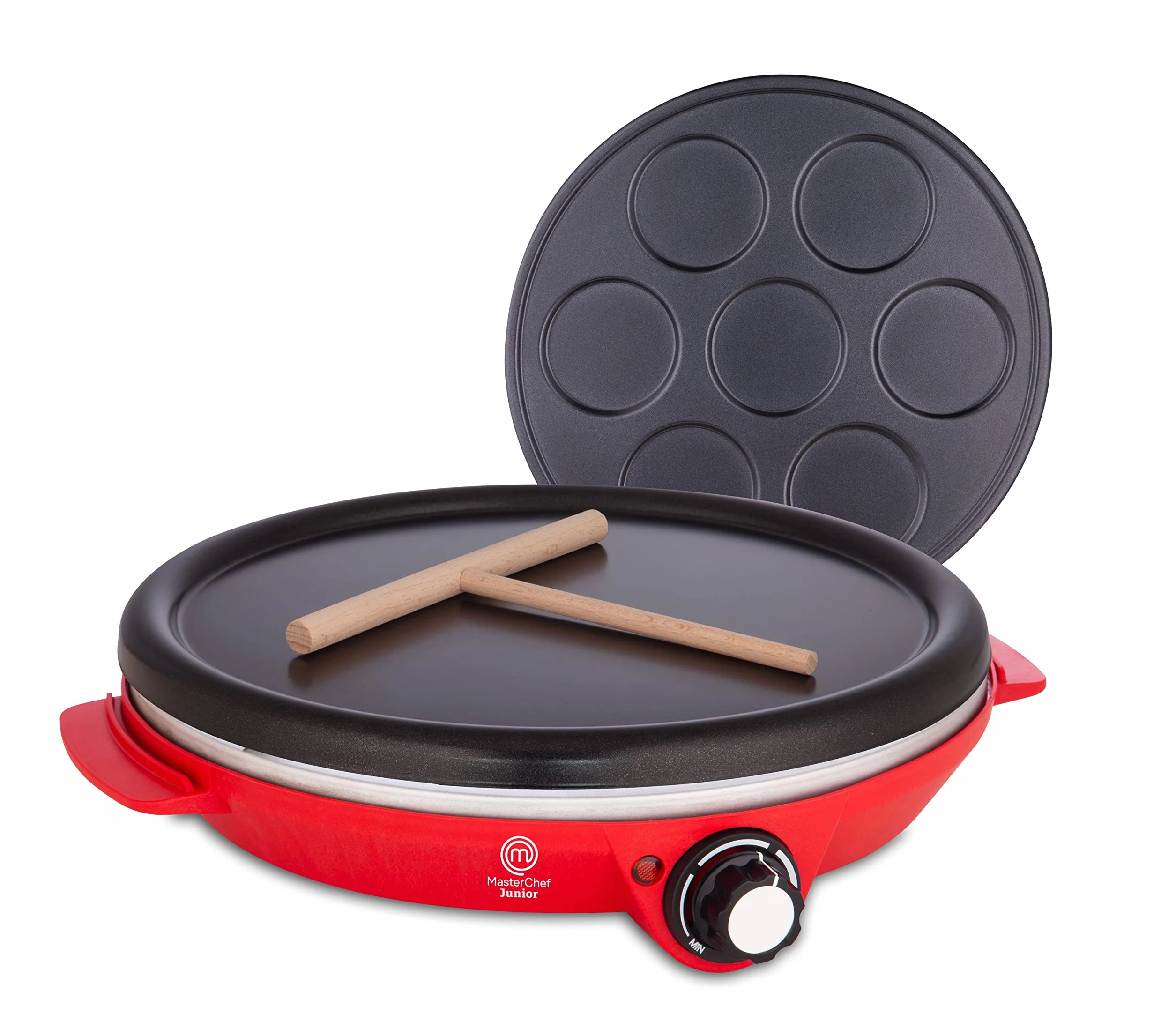 Masterchef Junior - Crepera Eléctrica Easy Party - 2 Placas Intercambiables para Crêpes y Mini Crepes - Potencia de 1000W - Revestimiento Antiadherente - Incluye Rodillo Esparcidor en Forma de T