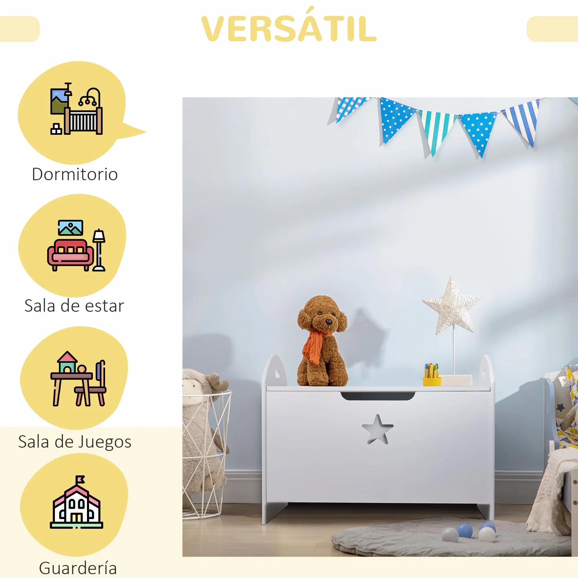 HOMCOM Baúl de Almacenaje Organizador de Juguete de Niño Tapa Reversible Diseño con Seguridad 62x40x46,5 cm Amplio Espacio Carga 20 kg Blanco