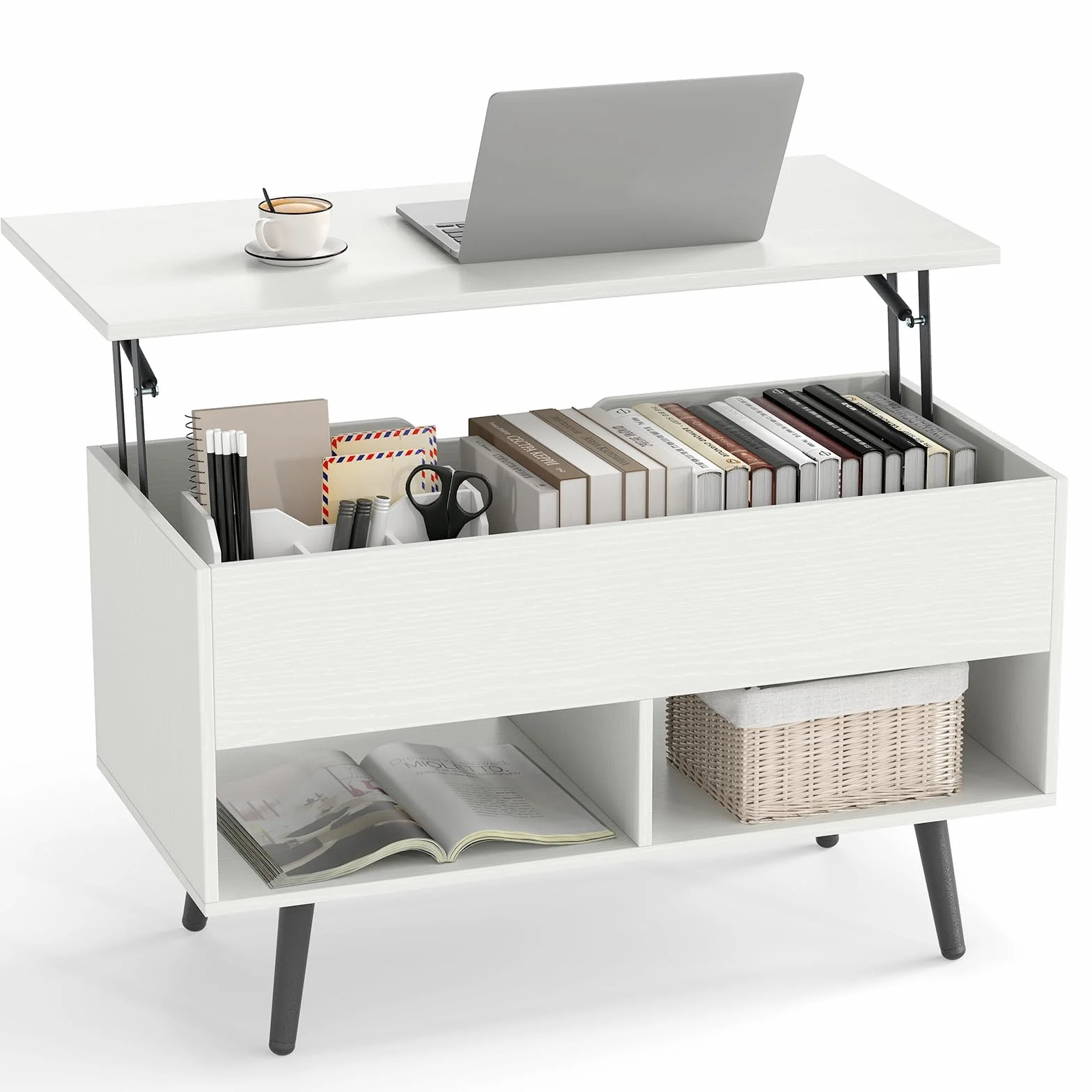 GIANTEX Mesa de Centro Elevable y Extensible, Mesa de Café de Madera con Espacio de Almacenamiento Oculto y 2 Estantes Abiertos, Mesa Auxiliar Rectangular para Salón, Oficina (Blanco)