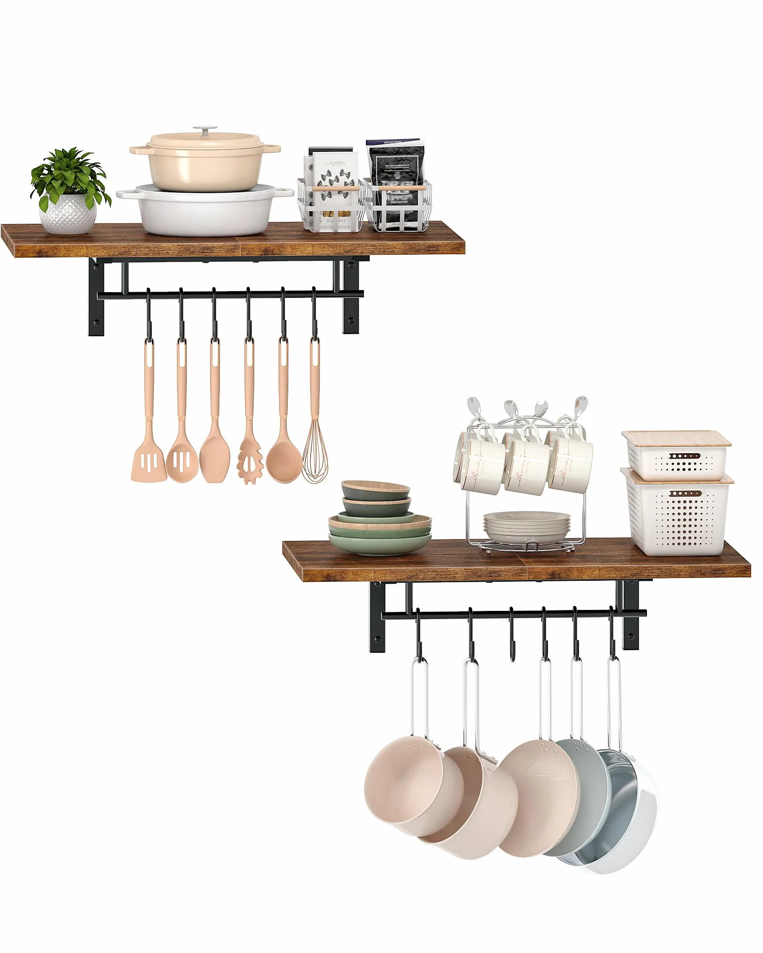 CHOEZON Juego de 2 Estantes de Pared para Ollas y Sartenes, Estantes de Cocina con Barras y 12 Ganchos, Soportes para Utensilios de Cocina, Marrón Vintage y Negro DTPR26P2BF