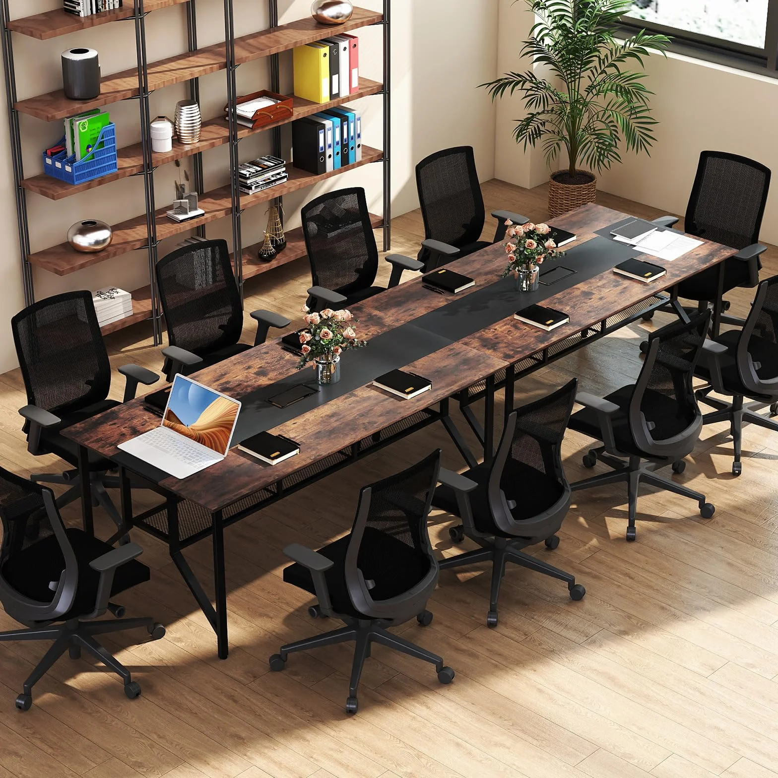 COSTWAY Mesa Rectangular para Reuniones 6-8 Personas, Mesa de Conferencias con Estante de Malla y Pasacables, Escritorio Industrial con Estructura Metálica, Oficina Sala, 180 x 96 x 76 cm