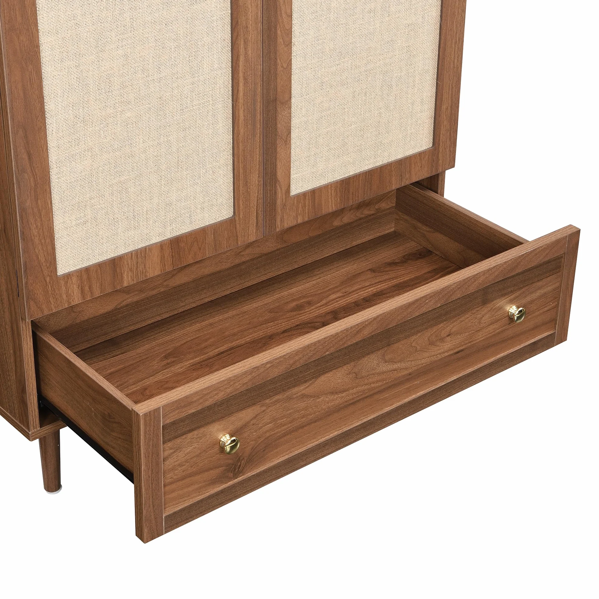 Elegante armario con puertas de tela y cajón, patas de madera sólidas, práctico espacio de almacenamiento para ropa y accesorios, ideal para dormitorio, habitación de invitados o vestidor