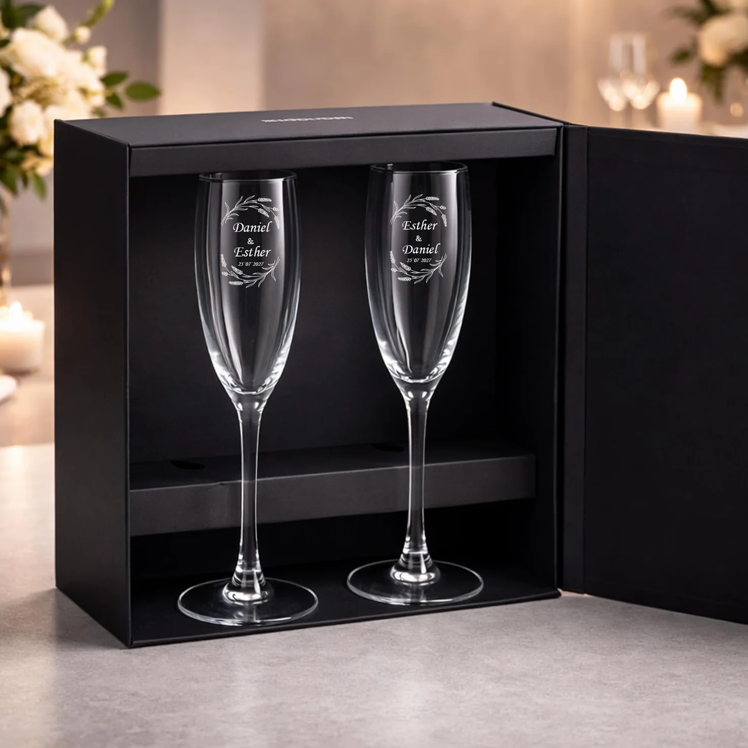 Pack de 2 Copas de Cava Personalizada con Estuche de Regalo Grabadas a Láser 20cl Boda
