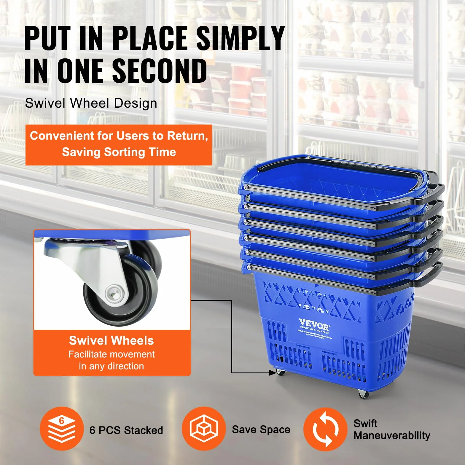 VEVOR Cesta Azul de la Compra, 6 Piezas, 39 L, Carros de la Compra con Asas y Ruedas de Plástico de 540 x 530 x 365 mm, Cesta de la Compra Portátil Grande para Supermercado, Tiendas Minoristas