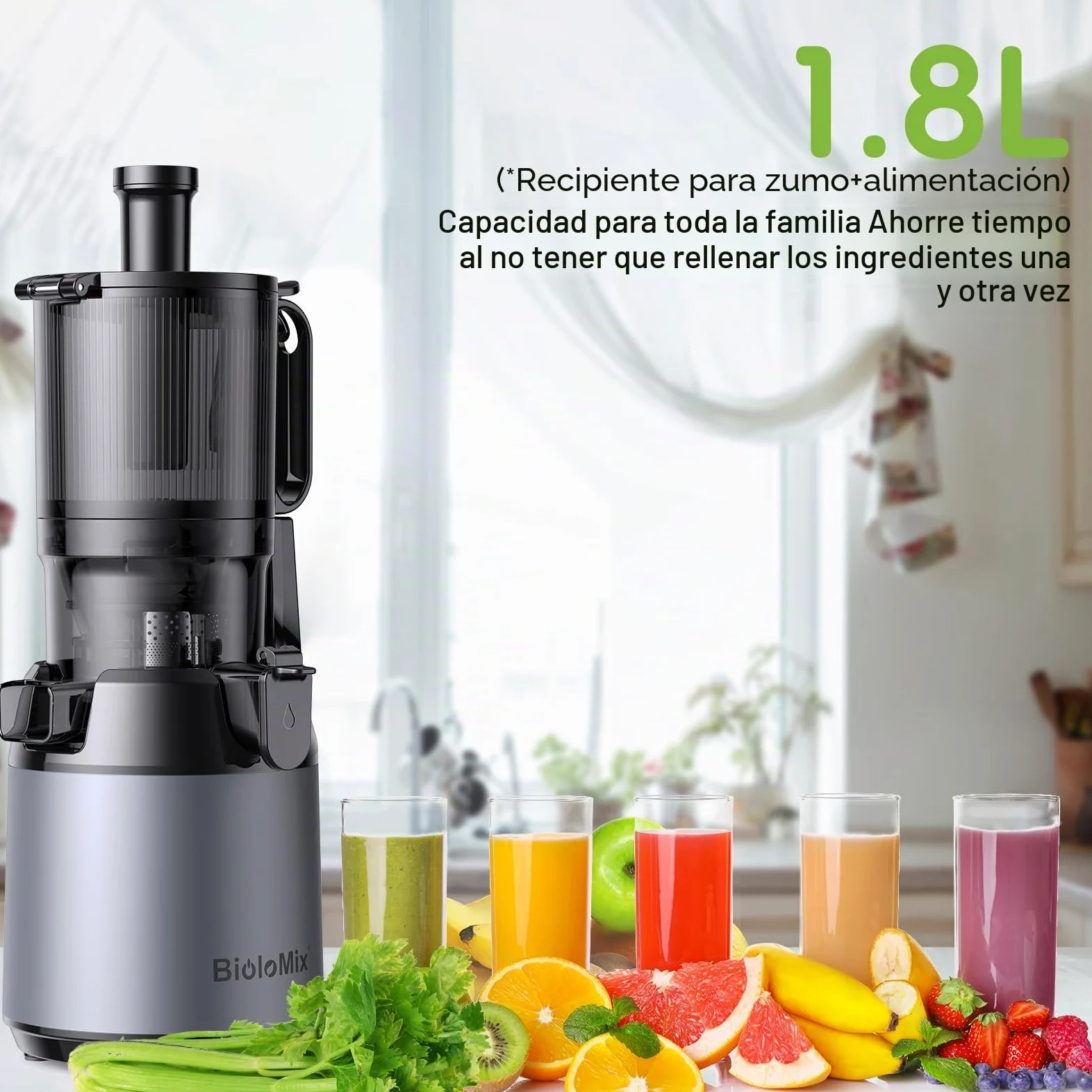 Exprimidor de Prensa en Frío, BioloMix Exprimidor de Masticación Lenta con 13CM Extra Large Feed Chute Fit Whole Frutas y Verduras con Triple Filtro, Fácil de Limpiar, BPA Free 250W DC Motor | Conducto de alimentación extra grande de 13 cm, para frutas y