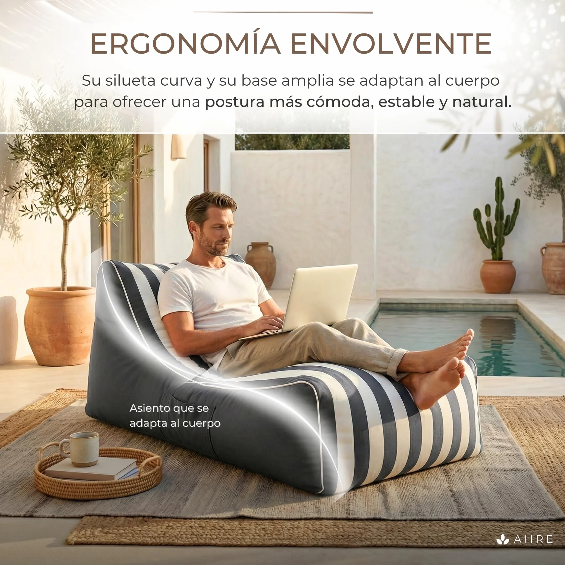 Aiire Puff Exterior Jardín con Relleno Incluido - Puf en Olefina Premium, Desenfundable y Lavable - Bean Bag Chair para Terraza, Piscina y Porche - Tumbona Lounge XXL Exterior Gris