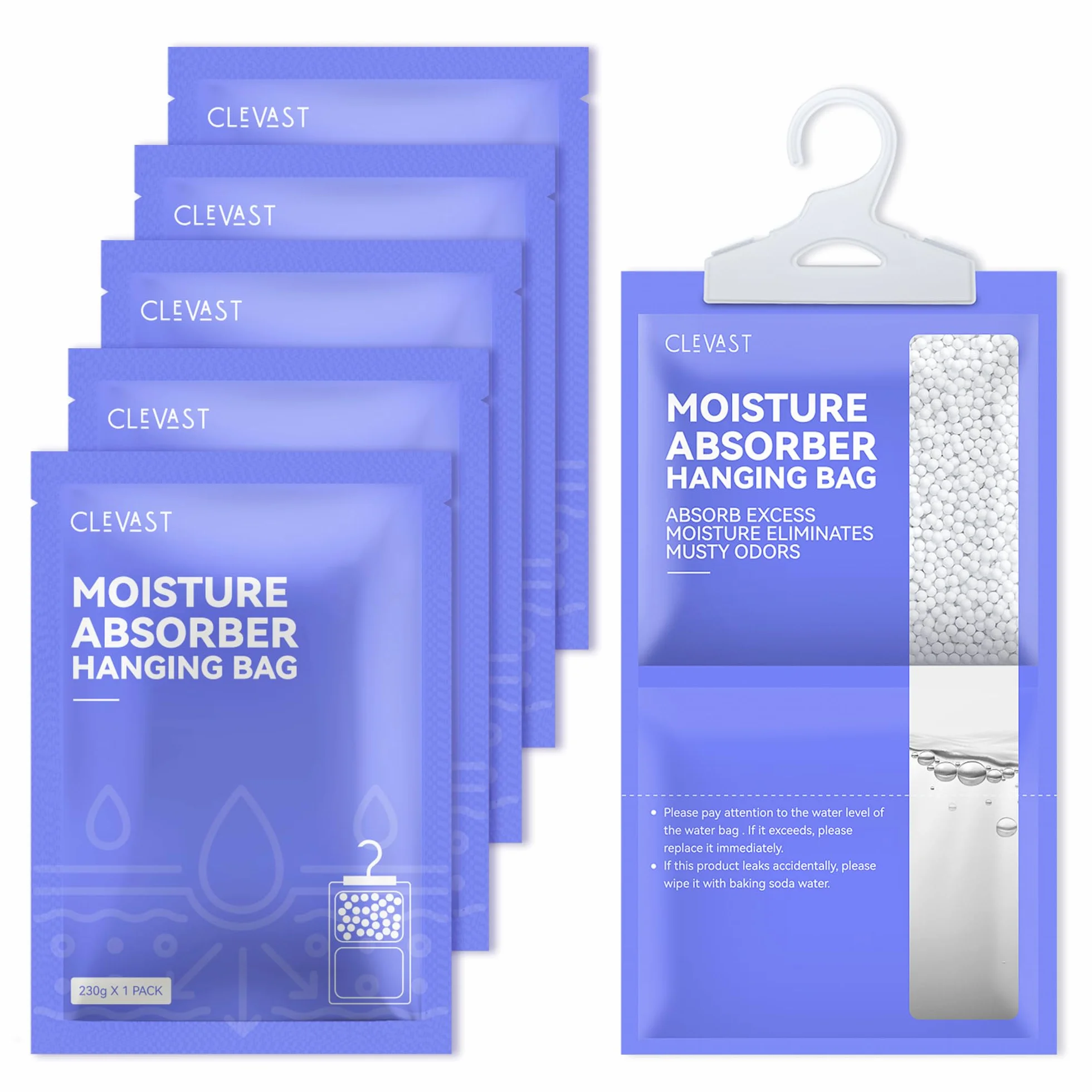 CLEVAST Bolsas Antihumedad para Colgar de 230g, Absorbente de Humedad para Armarios, Deshumidificador para Ropa, Zapateros, Baño, Cocina, Garaje, Sótano y Caravana, Protege contra Moho y Humedad (5)