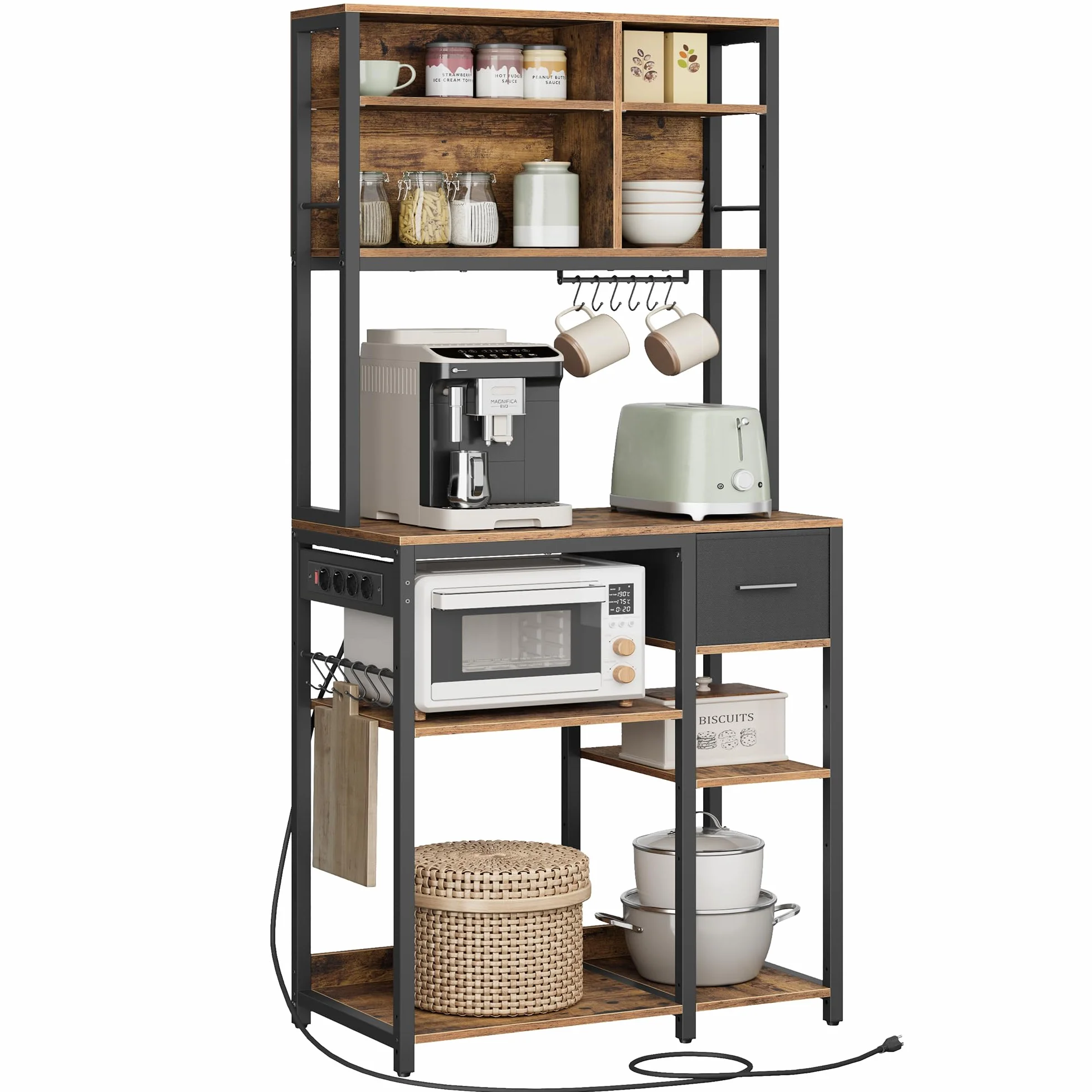 VASAGLE Estanteria Cocina con Multienchufe, Mueble Auxiliar de Cocina, Cajón de Tela, 40 x 80 x 180,4 cm, Estante de Microondas, 12 Ganchos, Marrón Rústico y Negro Tinta KKS015K03