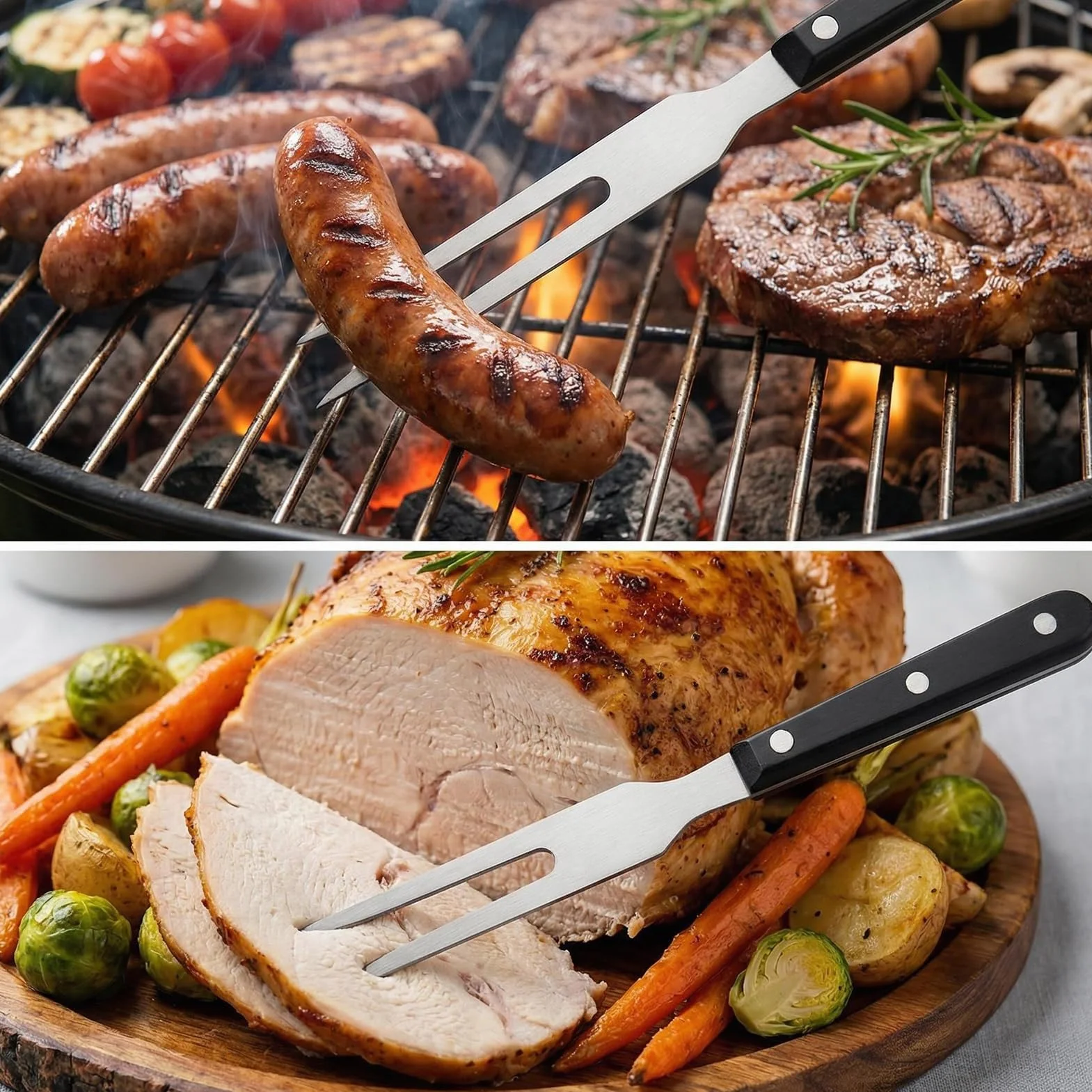 Tenedor de Trinchar Acero Inoxidable con Mango Largo para Carne - Utensilio de Cocina para Asar, Barbacoa y Parrilla - Sujeta y Pincha Pollo, Cerdo, Ternera, Pavo y Verduras