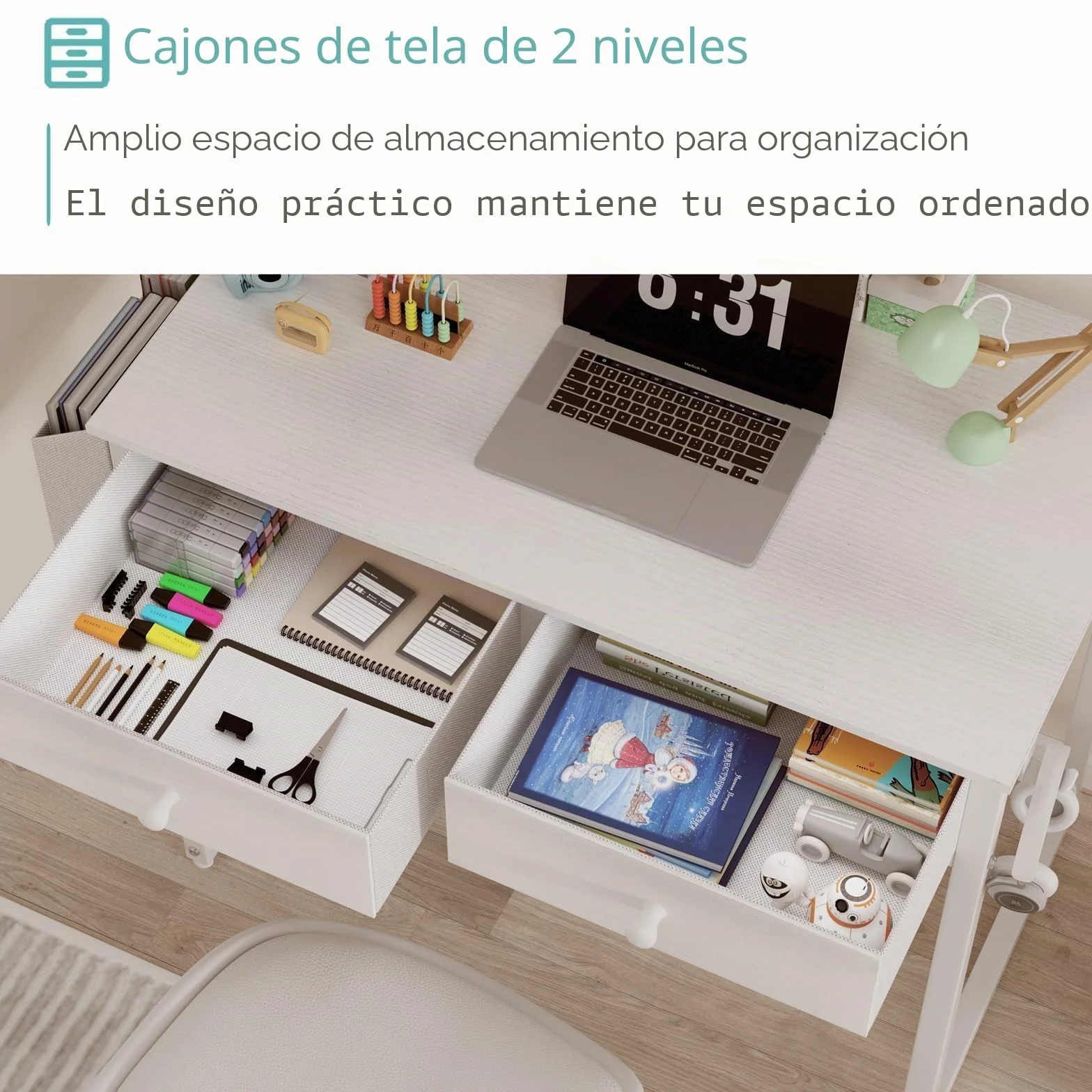 Lufeiya Mesa Escritorio Blanco con cajones, Escritorio Pequeño para Oficina Escritorio Ordenador casa de con cajón de Tela y Bolsa Mesa de Estudio para Espacios 80X40cm