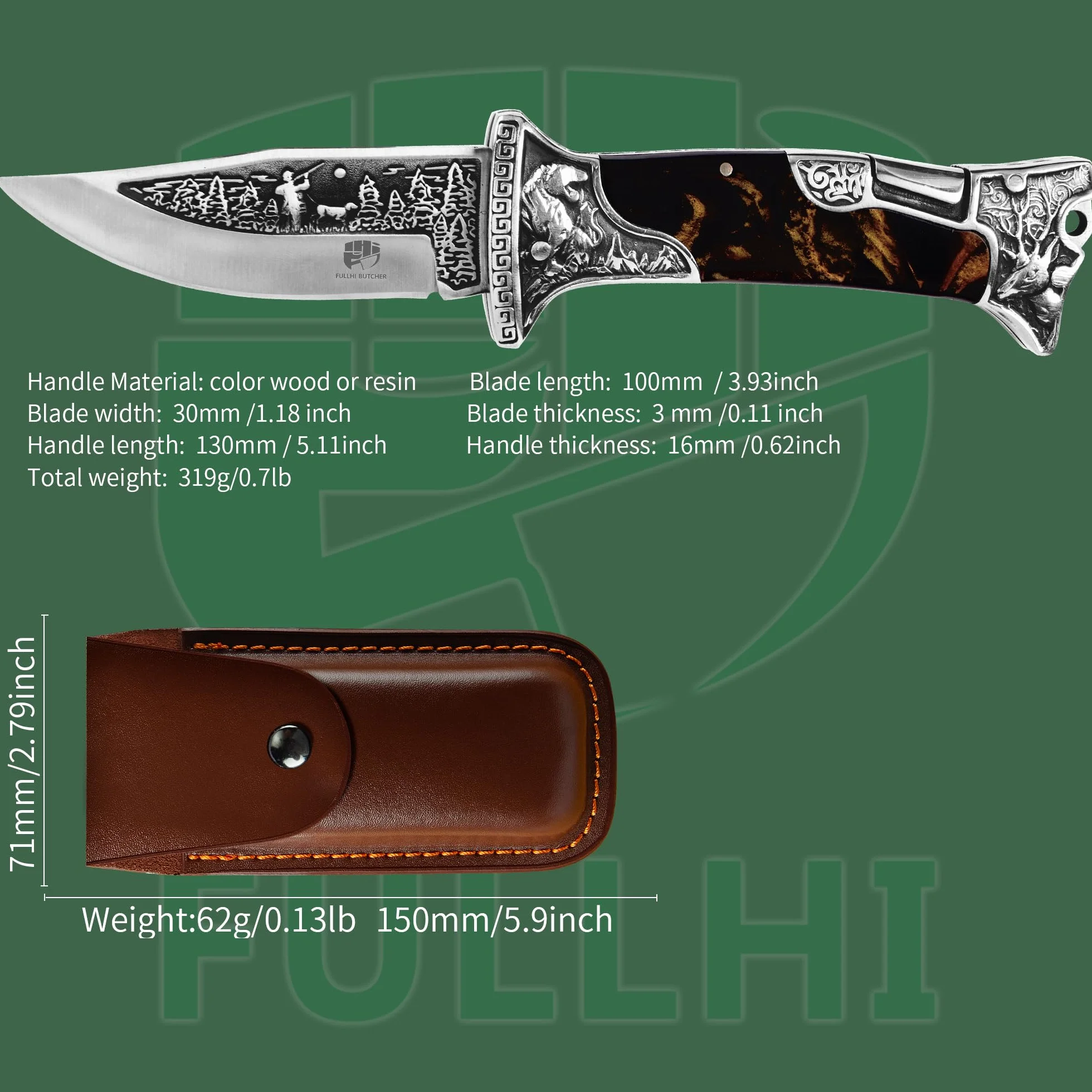 FULLHI Cuchillo de caza de bolsillo 7CR17MoV, Negro grabado, Funda de cuero