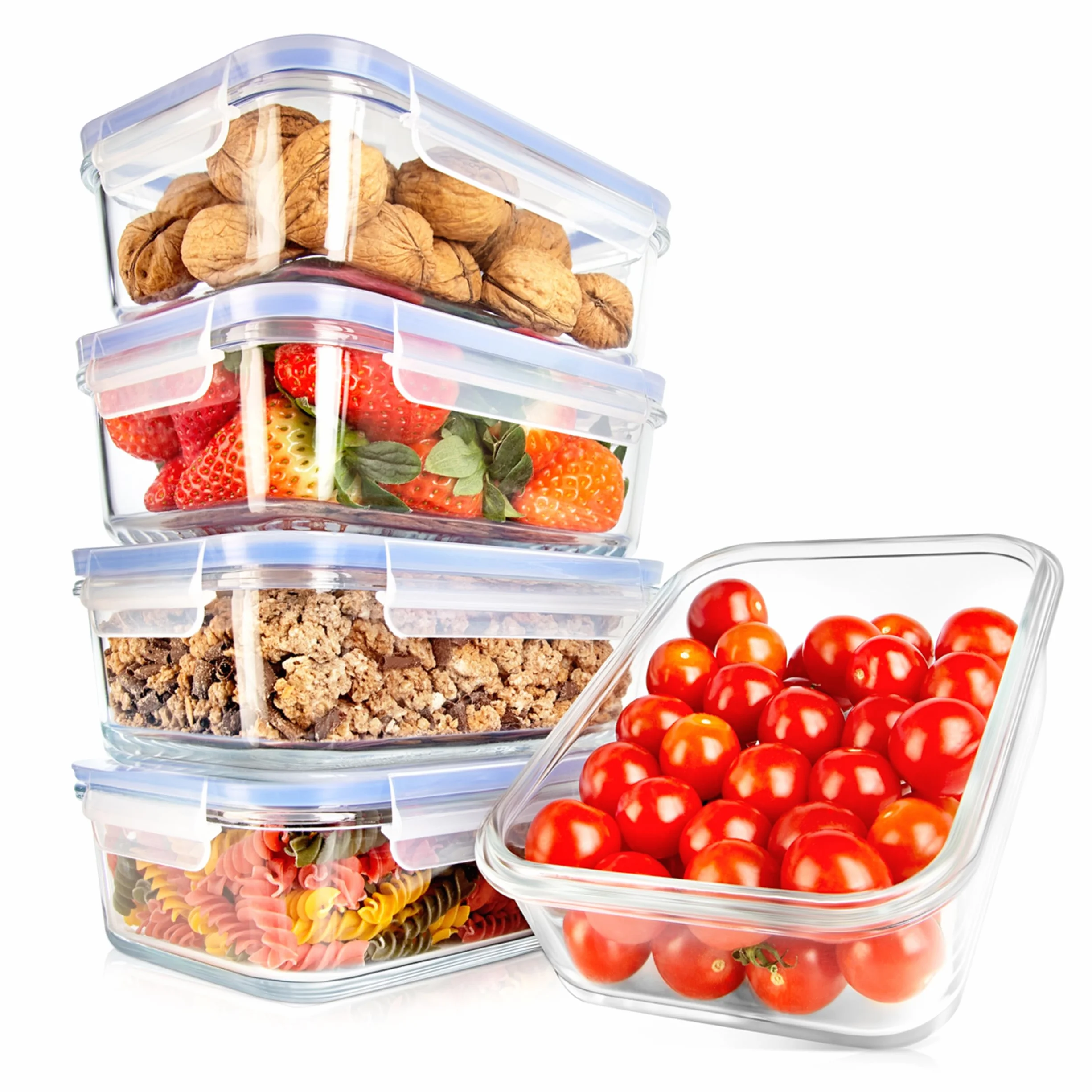 Nutrichef tuppers de cristal herméticos con orificio de aire, 5 recipientes apilables y 5 tapas, Aptos para microondas, Horno y congelador, Sin BPA