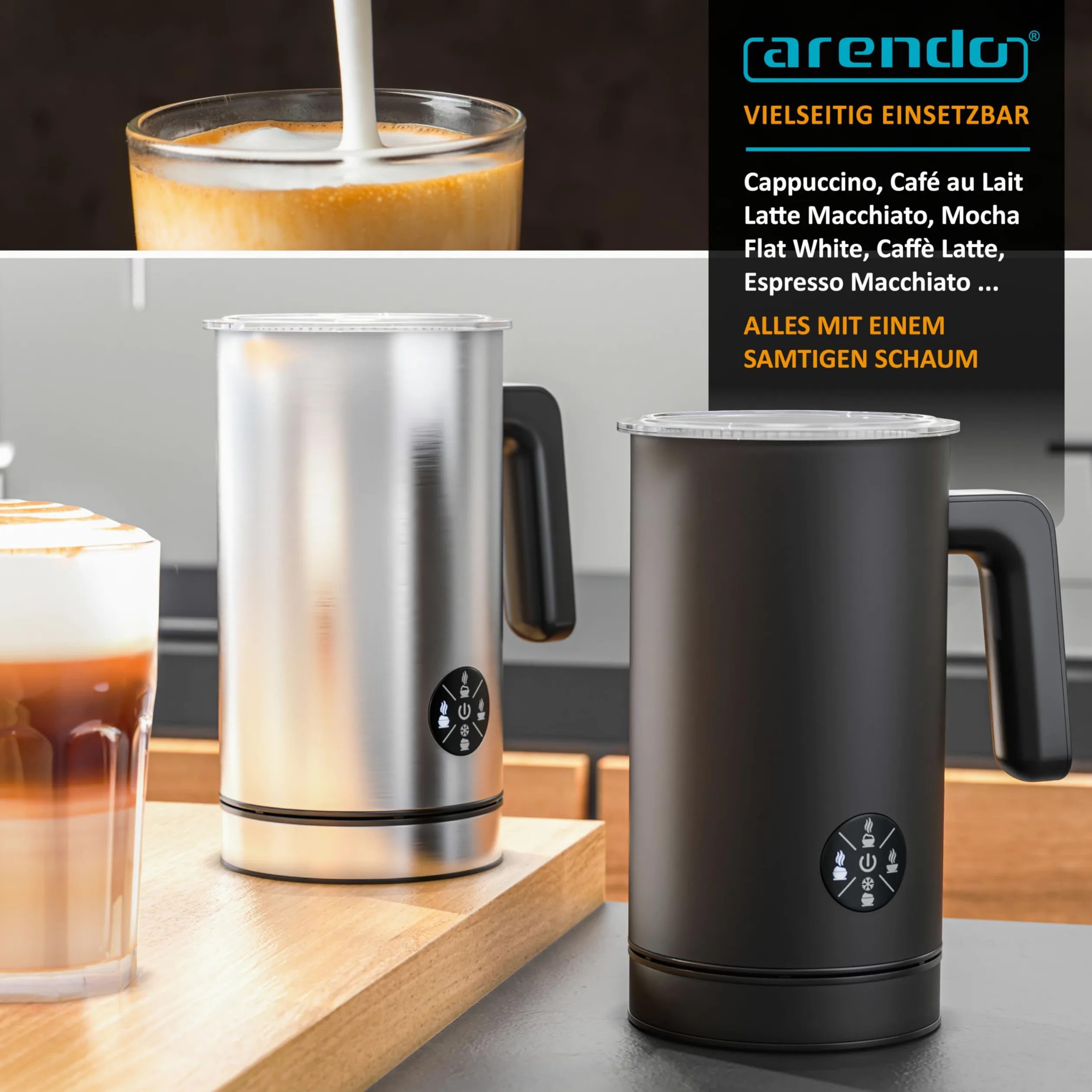 Arendo - Espumador de leche eléctrico 4 en 1 – Carcasa de doble pared – 4 programas – Espuma caliente y fría – Espuma cremosa y firme – 150-300 ml – Revestimiento antiadherente – Cappuccino Latte