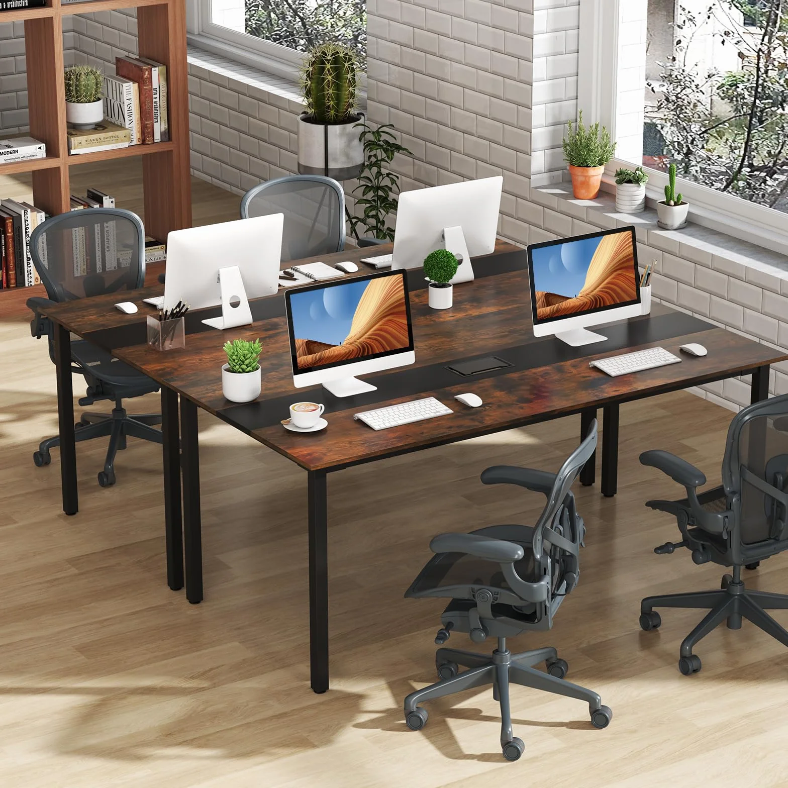 COSTWAY Mesa de Reunión 180x90 cm, Mesa Grande de para 8-10 Personas, Escritorio Rectangular con Orificio para Cables, Marrón Rústico, Oficina, Sala de Juntas