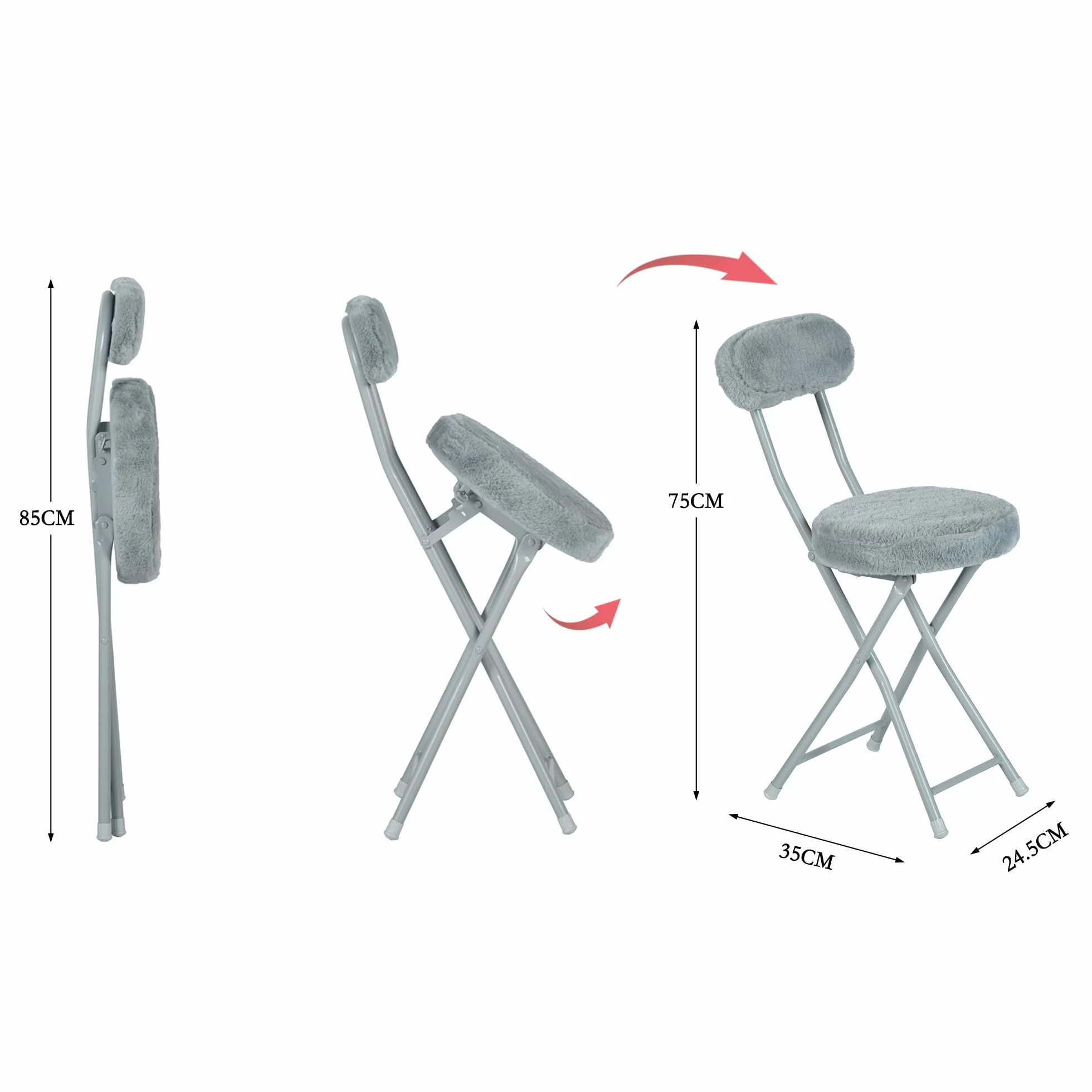 MEUBLE Cosy Juego de 4 Sillas Plegable Taburete con Respaldo y Reposapiés Tapizados de Piel, Estructura de Metal, Gris
