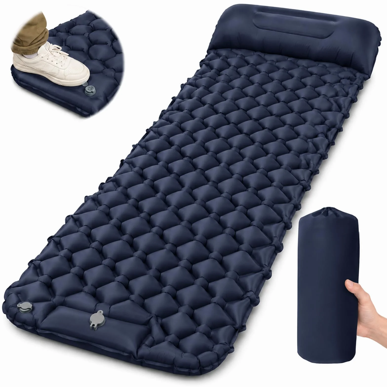 Esterilla Camping Autohinchable Individual con Almohada y Bomba de Pie Ultraligero Plegable Azul Marino