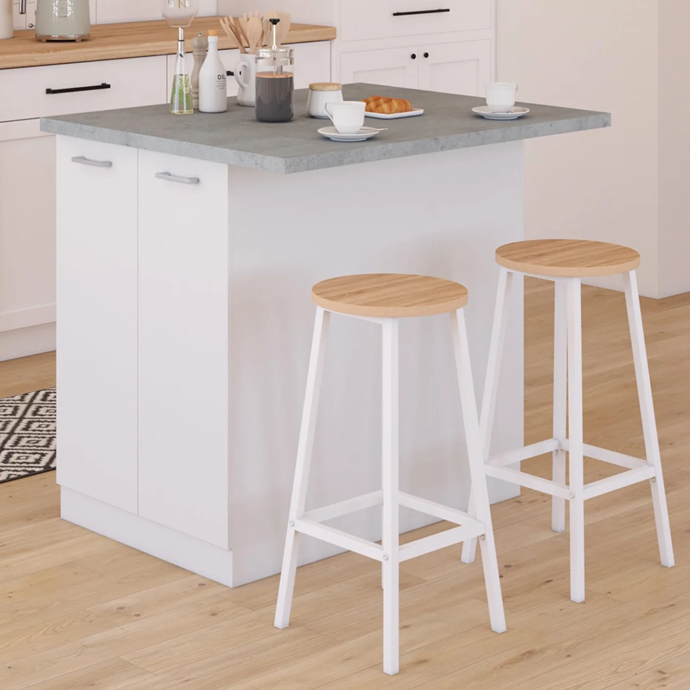IDMarket - Ilot Central IVO 120 cm, color blanco con superficie de trabajo, efecto hormigón