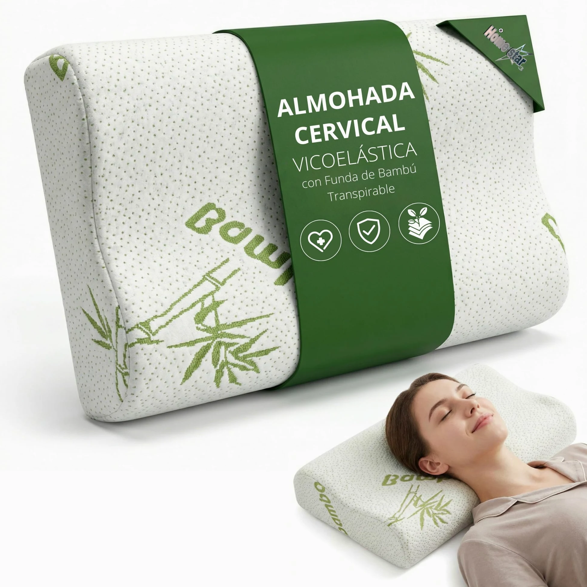 Almohada Cervical 2 en 1, Viscoelástica Memory Foam, Doble Altura Ergonómica, Alivia el Dolor Cervical, Dormir de Lado y Boca Arriba, Funda de Bambú Lavable, 60x40 cm