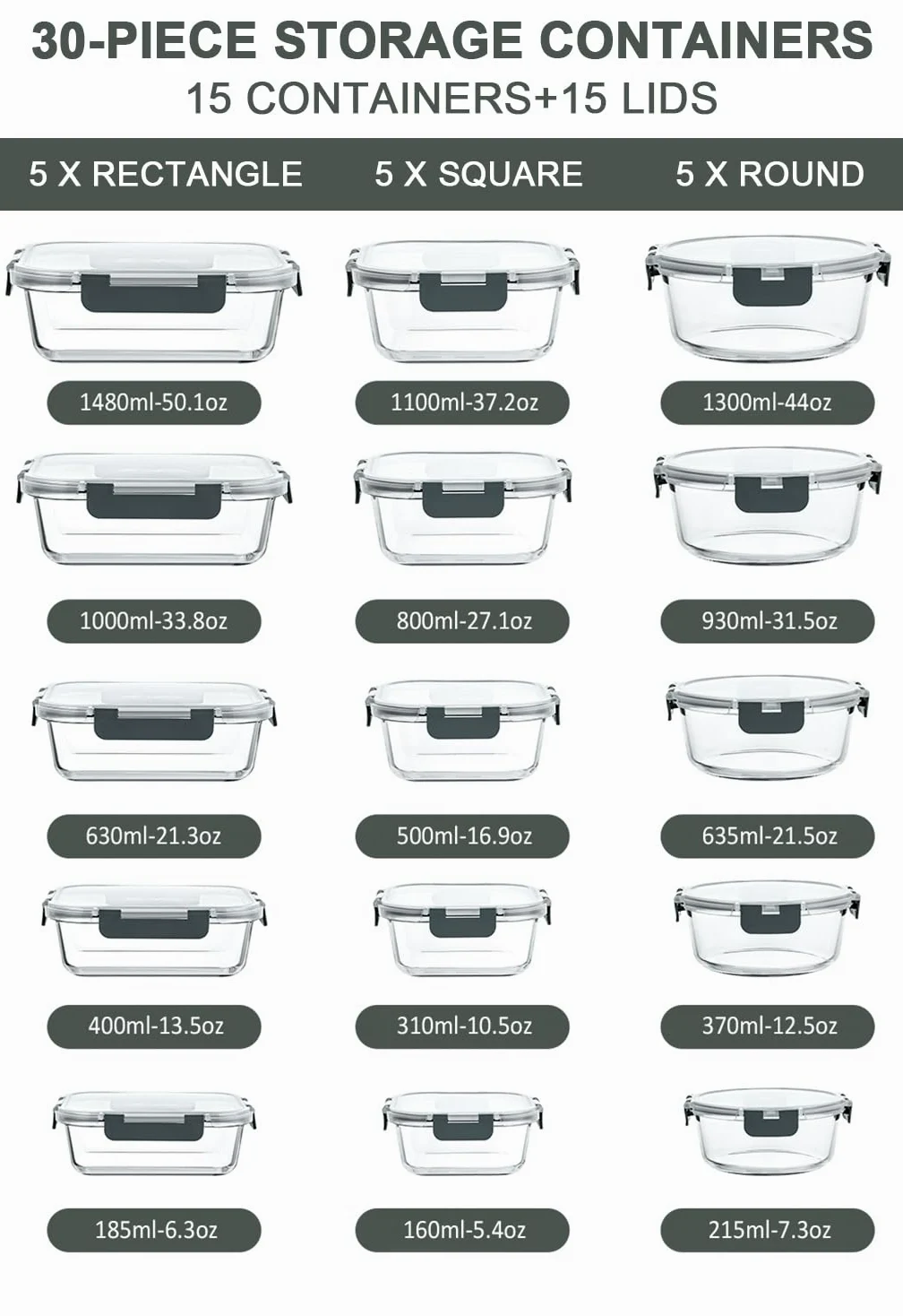 MCIRCO Recipientes de vidrio para alimentos 30 piezas [15 recipientes + 15 tapas] - Recipientes de vidrio - Tapas transparentes - Sin BPA - para la cocina de casa o el restaurante