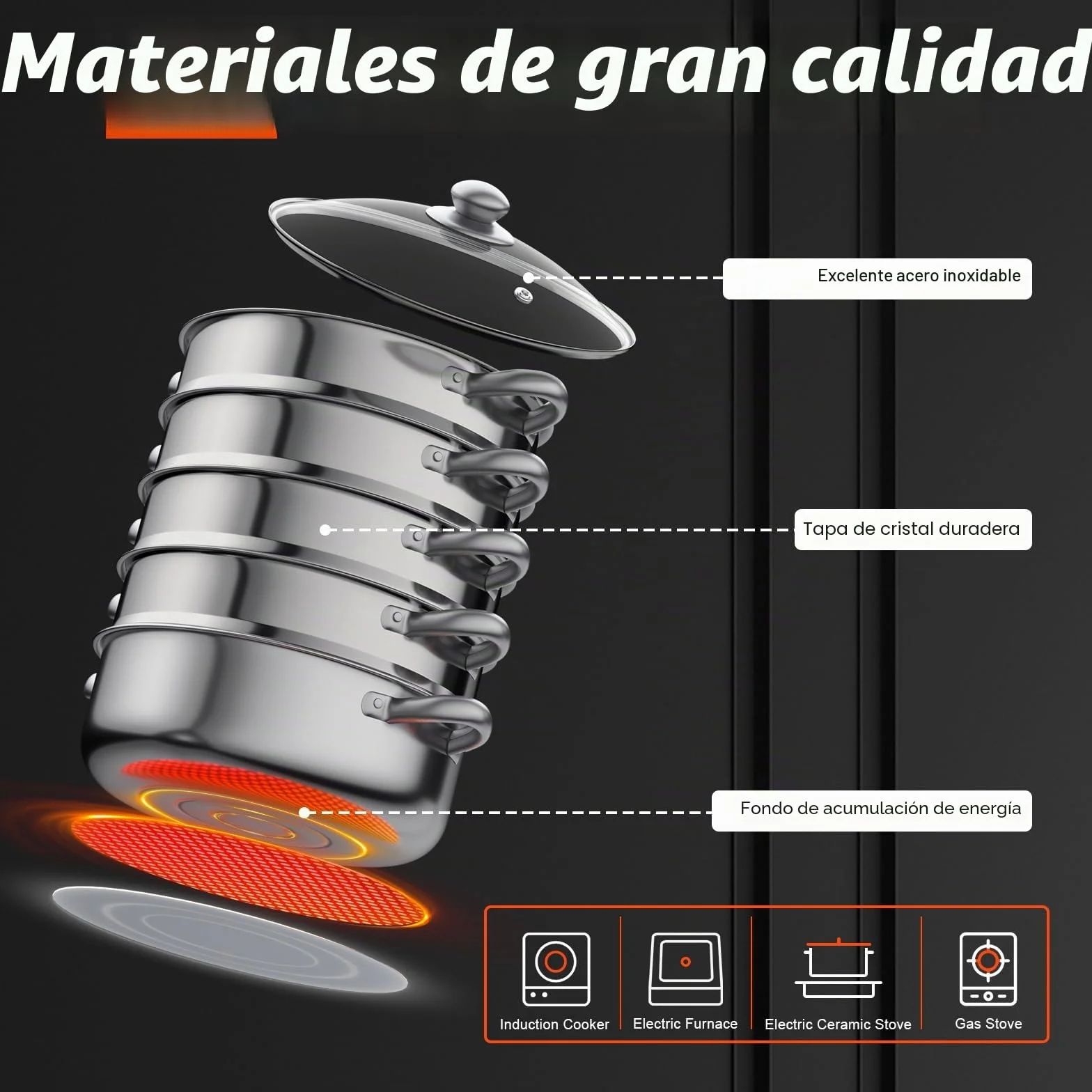 Olla de vapor con 5 niveles de acero inoxidable, 26/28/30 cm de acero inoxidable con tapa de cristal y dos compartimentos de vapor, mango engrosado, compatible con mayoría placas de cocción (30cm)