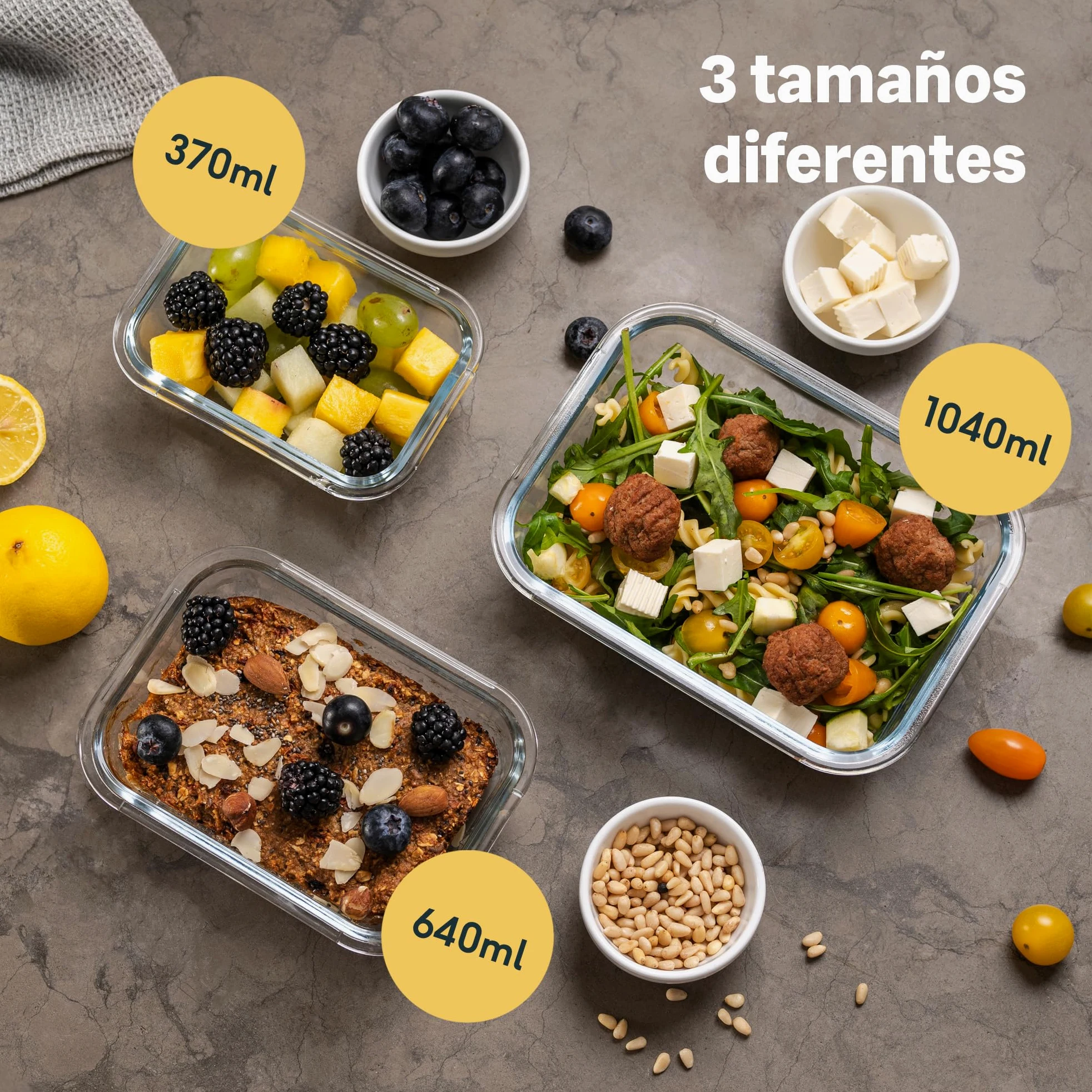 SILBERTHAL Set 3 fiambreras cristal herméticas - 370/640/1040ml microondas | Recipientes de cristal con tapa de Acero inoxidable - 370ml, 640ml y 1040ml - Vidrio DE borosilicato