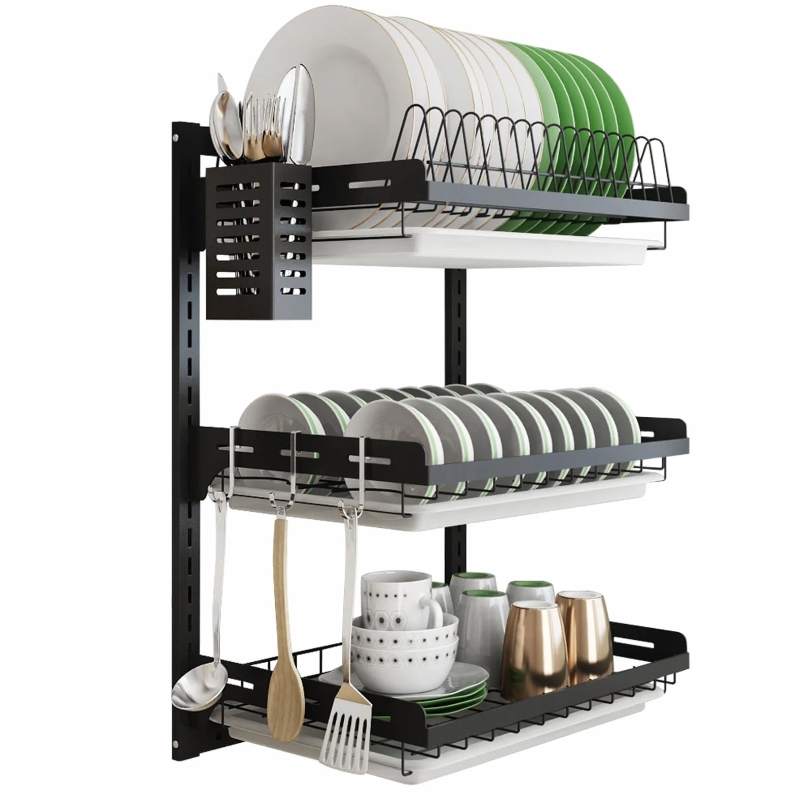 junyuan, Escurridor de Platos Colgante de Pared, Organizador de Platos de Cocina de 3 Niveles con Bandeja de Drenaje con 3 Ganchos, Acero Inoxidable, Altura Ajustable, Negro