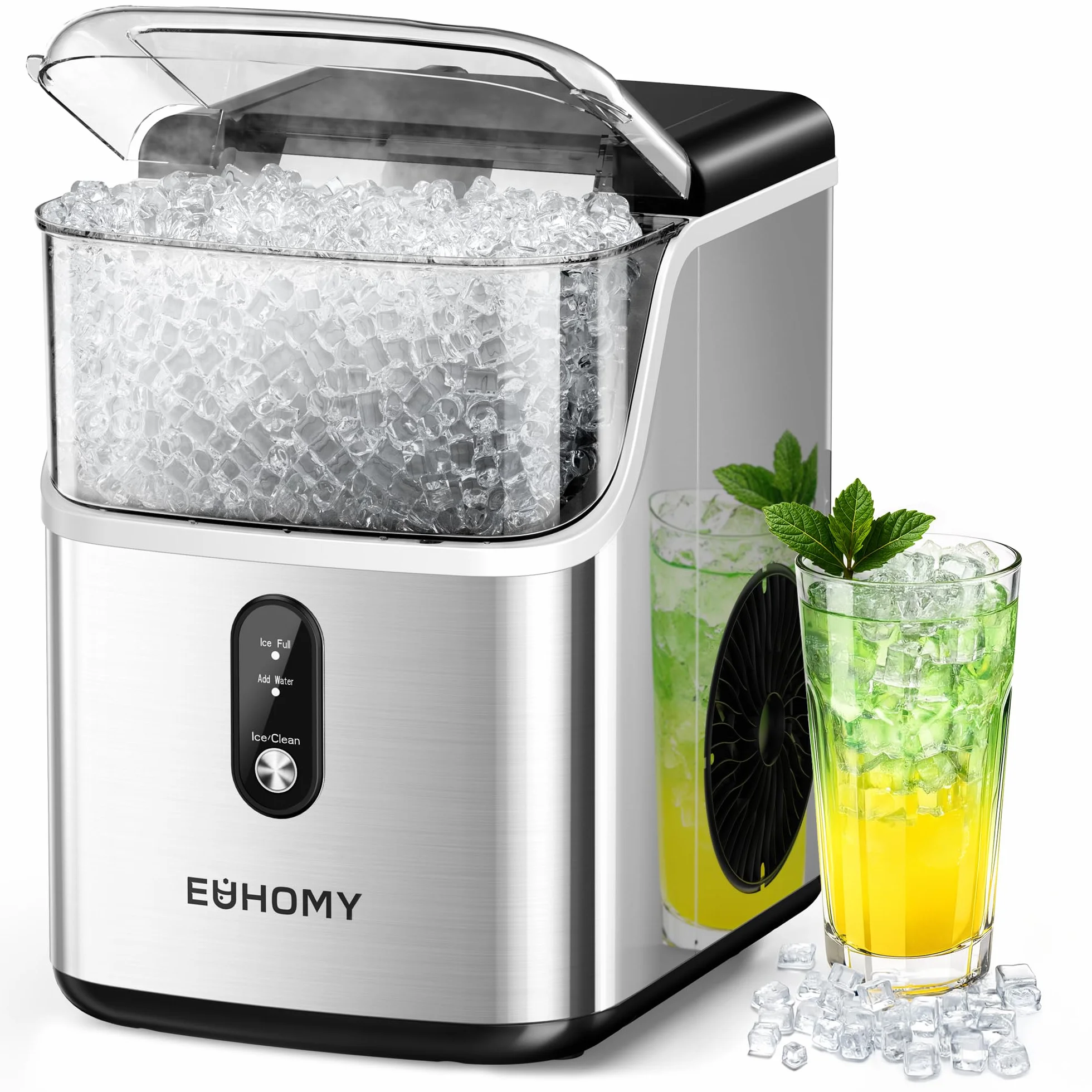 EUHOMY Nugget - Encimera para hacer hielo, máquina para hacer hielo de guijarros con hielo suave de 35 libras/24 horas, máquina de hielo sónico autolimpiable con cuchara de hielo y cesta, máquina de