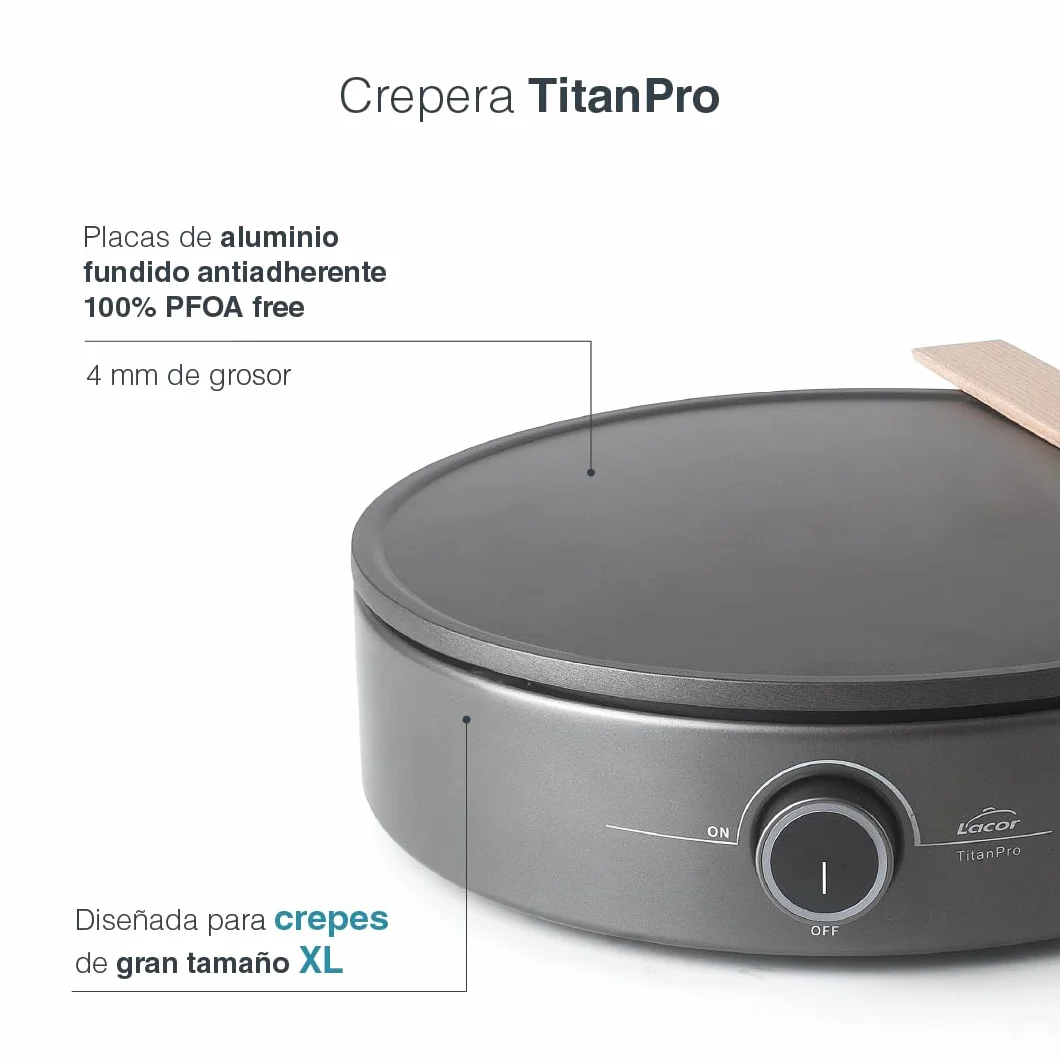 Lacor - 69433 - Crepera Eléctrica 1500W, Creps XL, Termostato Regulable, Indicador Luminoso, Incluye Rastrillo y Espátula de madera, Eco y 100% libre de PFOA, Placa Ø33 cm
