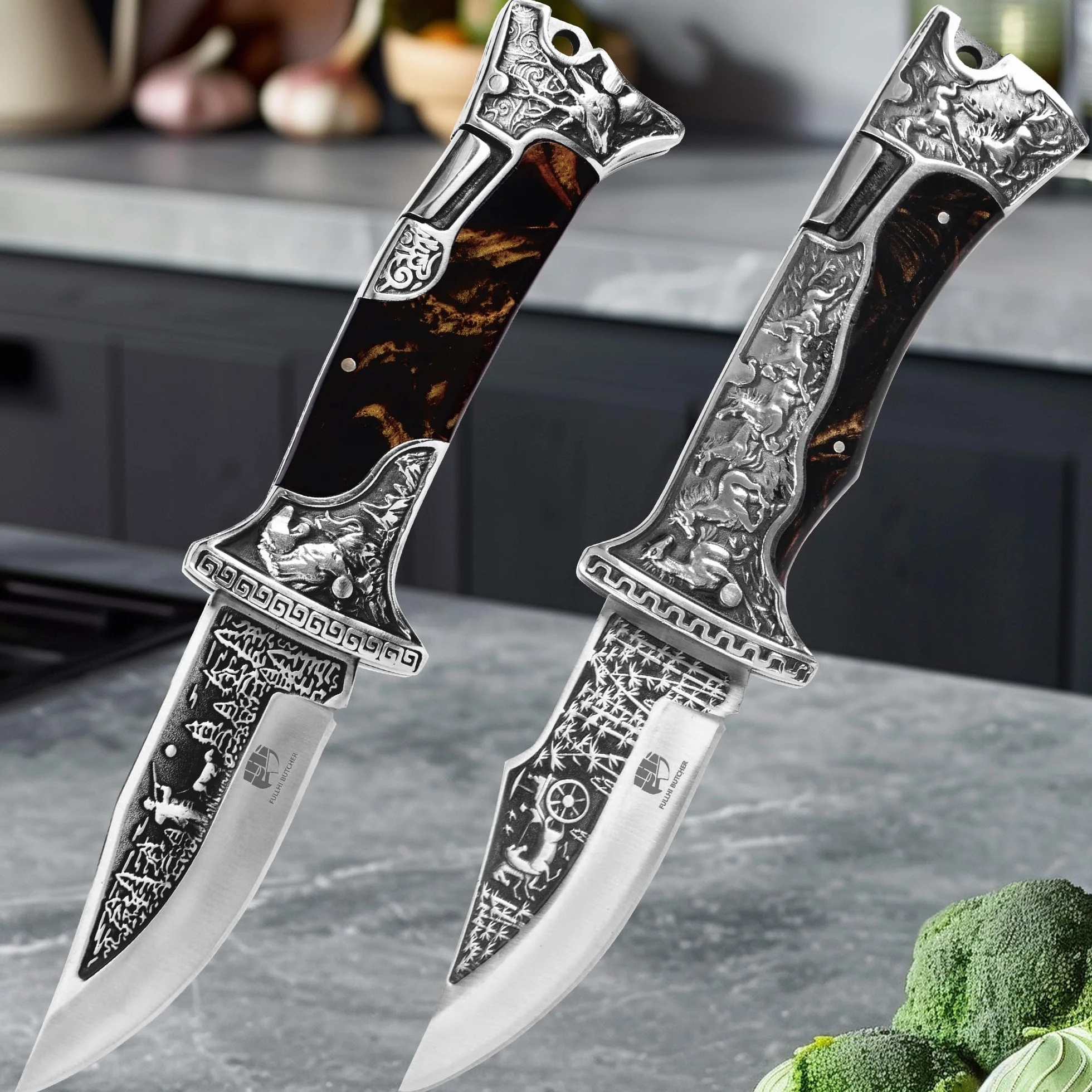 FULLHI Cuchillo de caza de bolsillo 7CR17MoV, Negro grabado, Funda de cuero