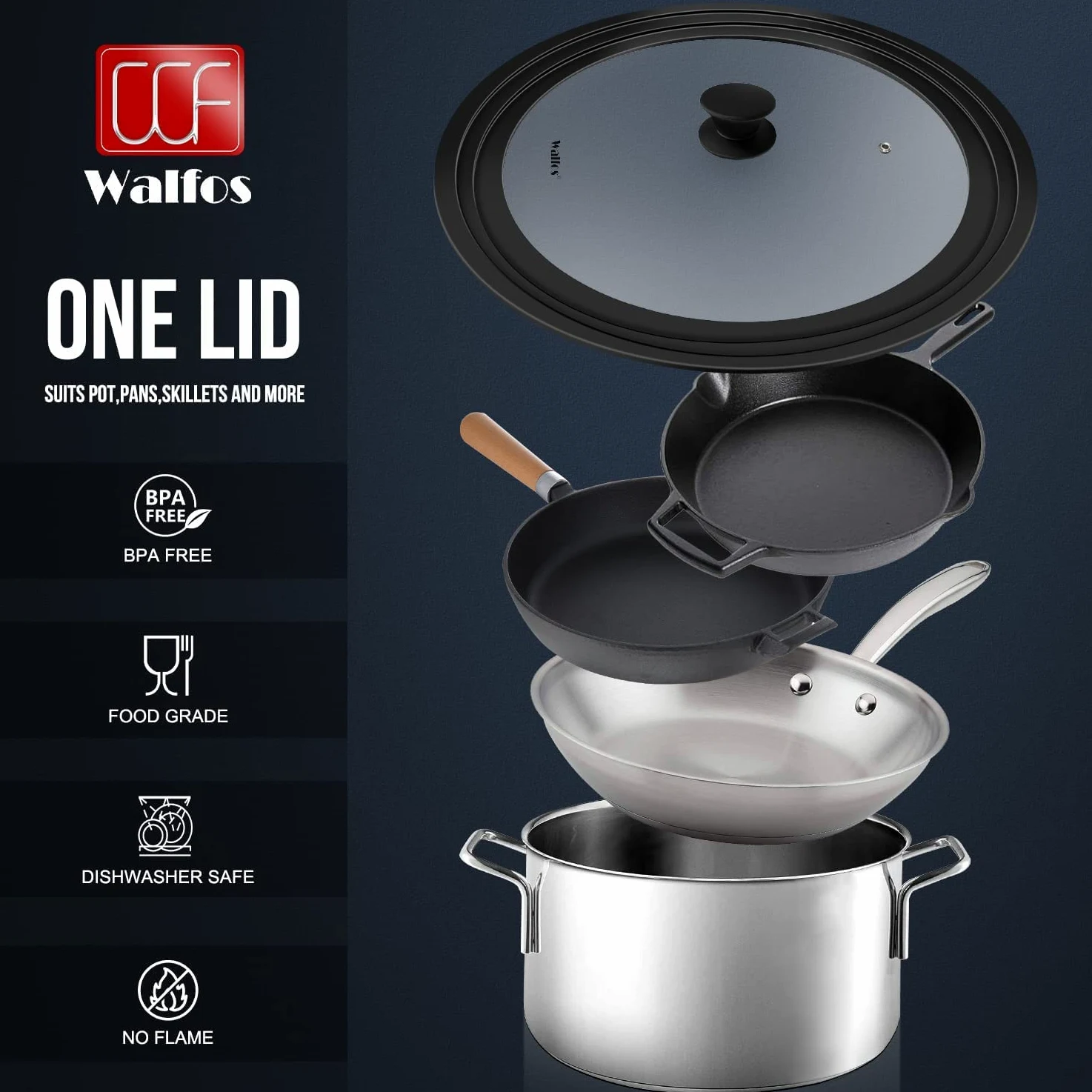 Walfos Tapa universal para ollas, sartenes y sartenes. Se adapta a utensilios de cocina de 33 cm, 36 cm y 38 cm de diámetro, tapa de vidrio con borde de silicona resistente al calor, (negro)