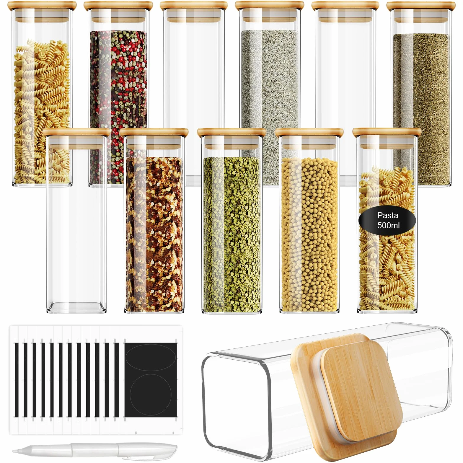 FINEW Juego de tarros de especias rectangulares, 12 x 500 ml, tarros de cristal de alta calidad con tapa de bambú, apilables, herméticos, para guardar especias, pequeños tarros con tapa y etiquetas