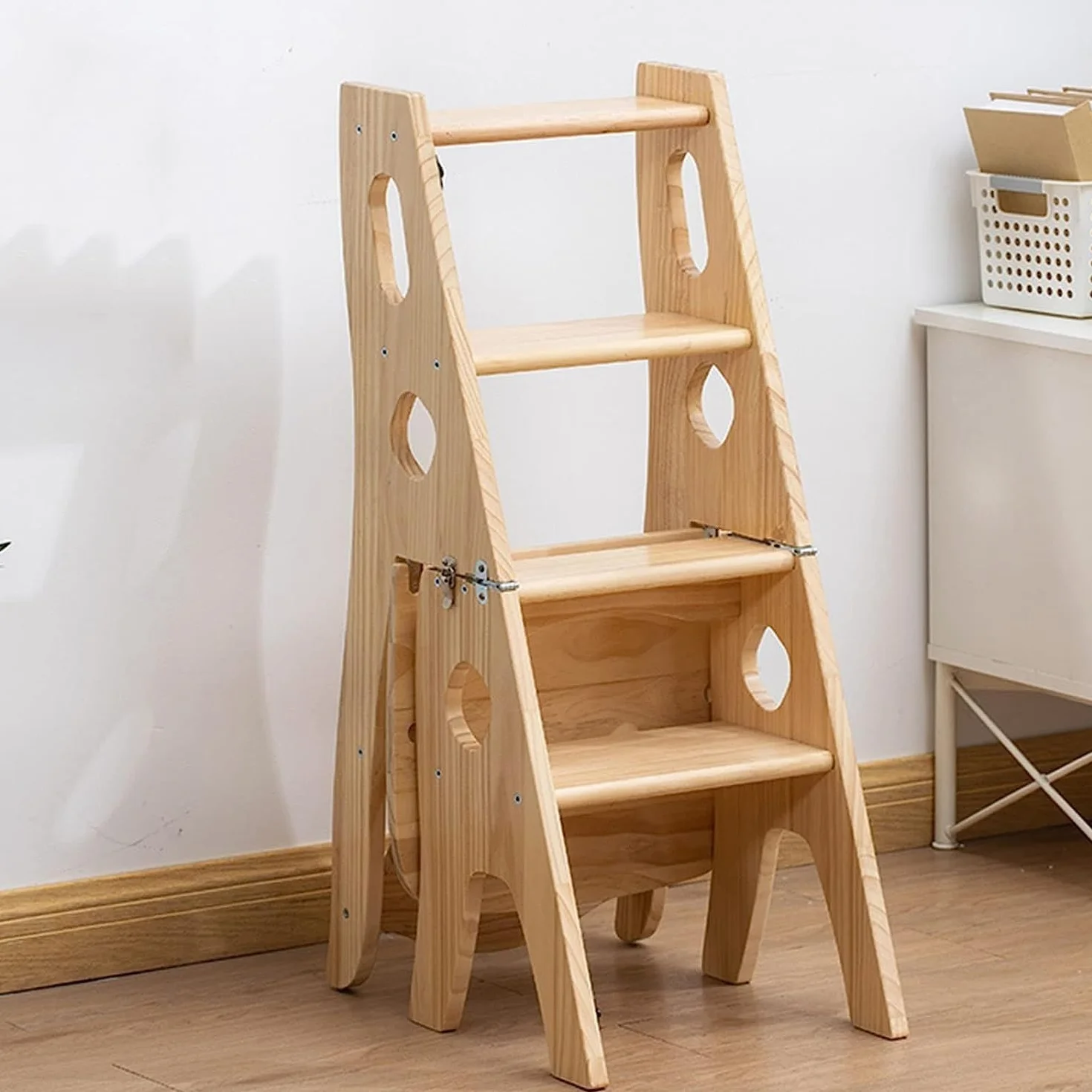 ATAA Silla Escalera de Madera Natural 3 en 1, 4 Peldaños, 88 cm, Taburete Transformable