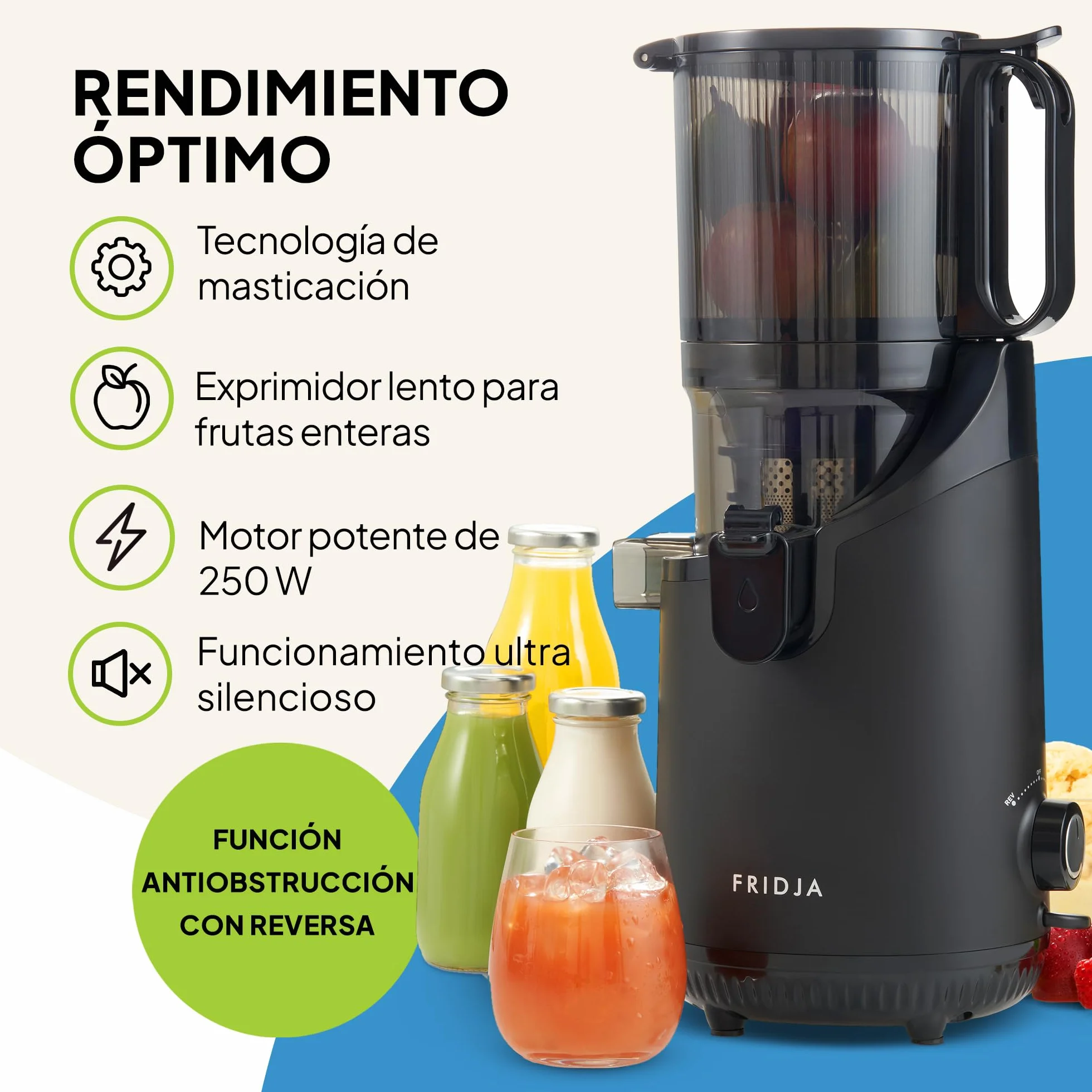 Fridja f2500 Exprimidor Automático de Fruta Entera | Boca de Entrada 135mm | Extractor de Zumo por Prensa Fría 250W | Alto Rendimiento | Fácil Limpieza | Sin BPA | Negro Mate [Clase Energética A++]