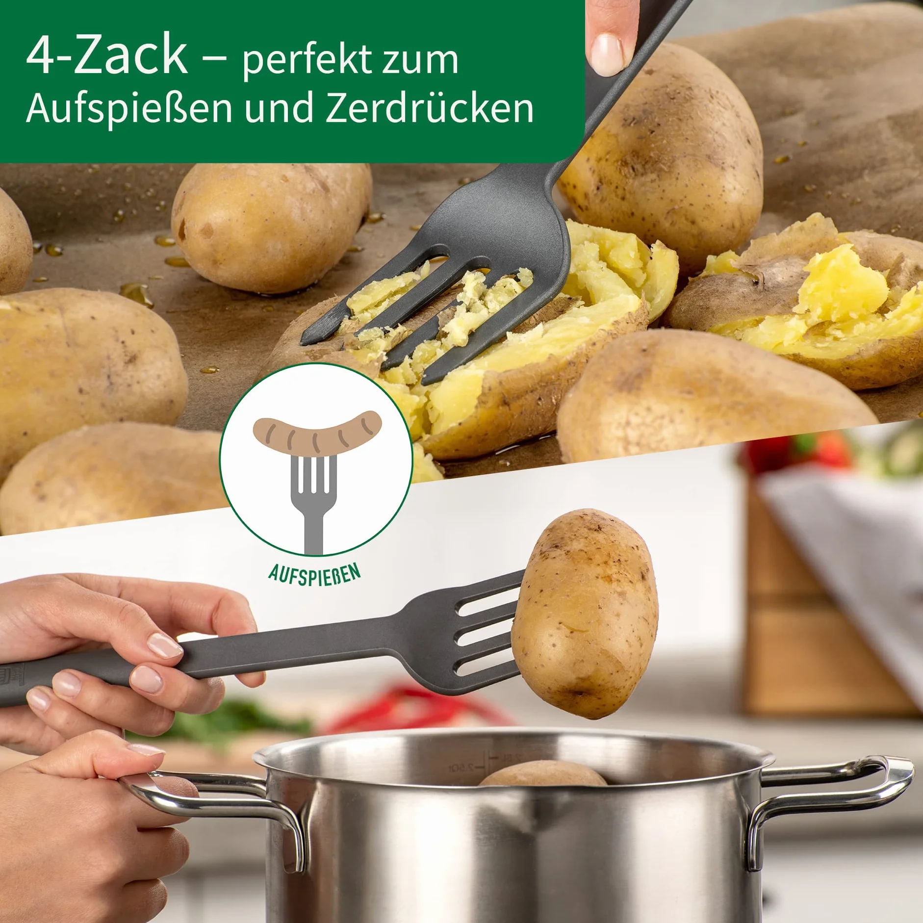 FACKELMANN Chefkoch Multitenedor de plástico – Tenedor de cocina con mango ergonómico Soft-Touch – Tenedor de cocina adecuado para ollas y sartenes con revestimiento – Resistente al calor y apto para