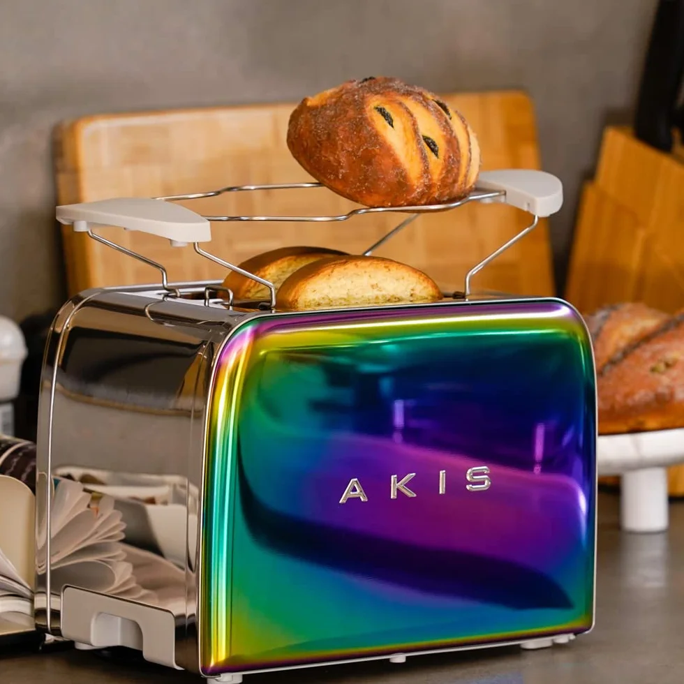 AKIS La Fête Design Tostadora y hervidor de agua de acero inoxidable en arco iris multicolor moderno