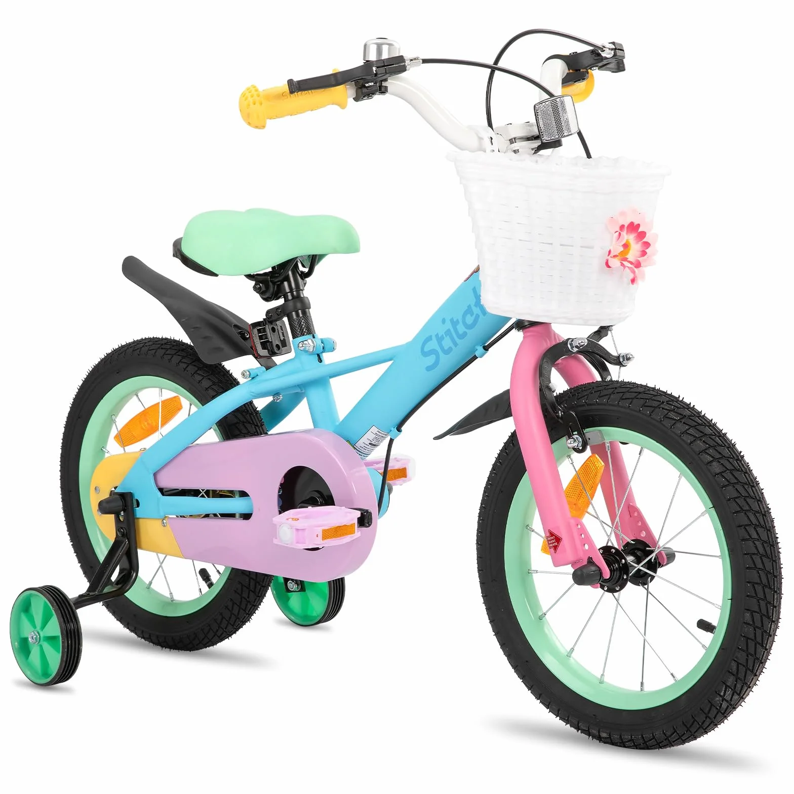 Bicicleta para niño 12-18 pulgadas con estabilizador y cesta STITCH Macaron