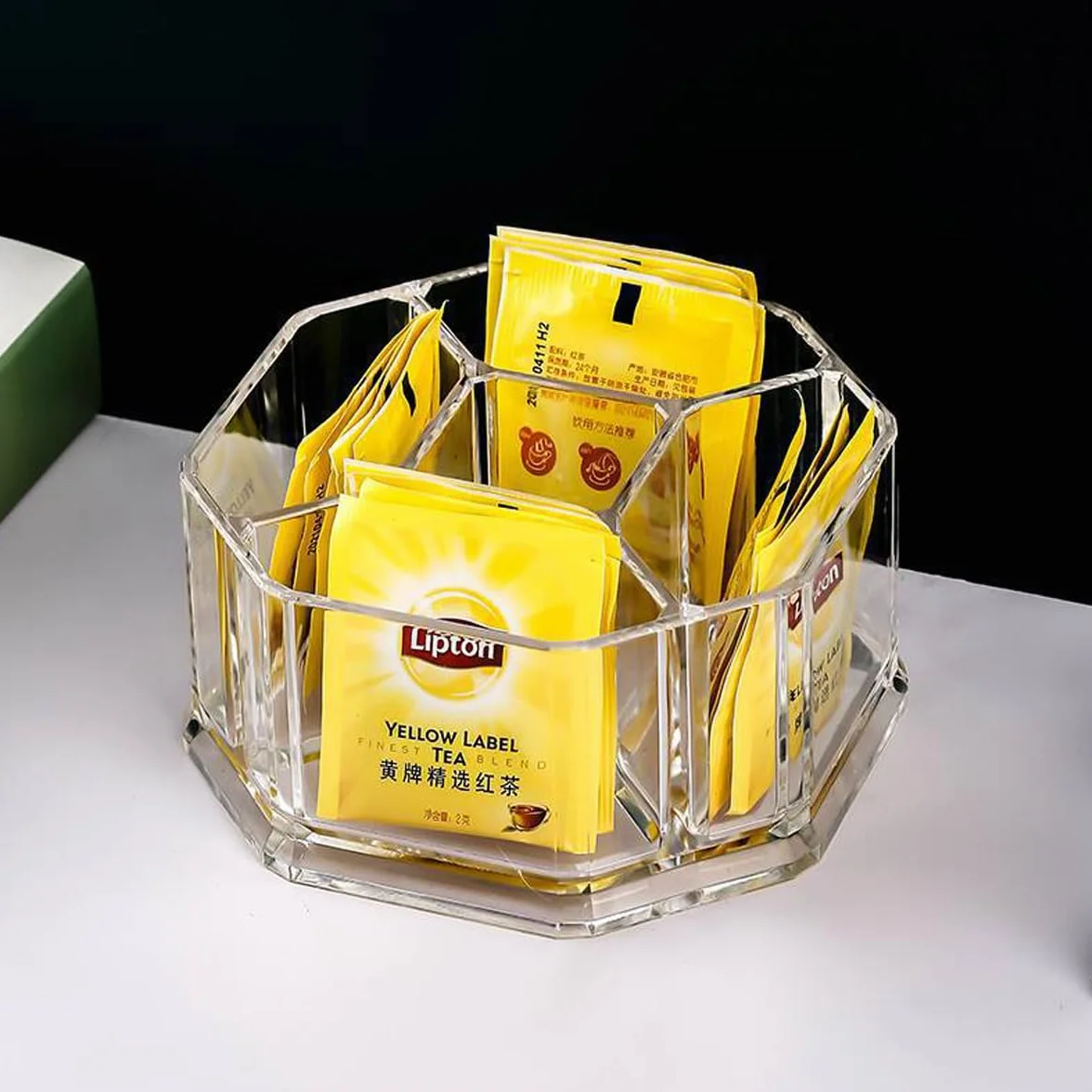 Acrílico soporte para bolsas de té, café y azúcar cajas de almacenamiento de bolsa caso habitaciones, acrílico, transparente, L16*W16*H8cm- 5 compartimento YTBH-002