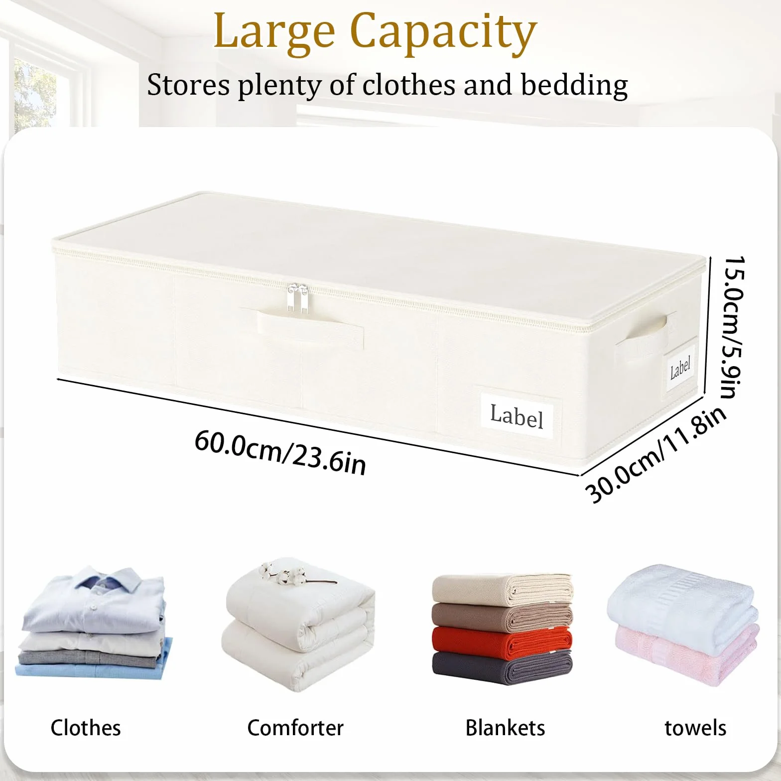 Yawinhe 2 piezas Bolsa de Almacenamiento Debajo de la Cama, Caja de Almacenaje Plegable Con Tapa con Cremallera y Manija, para Almacenar Ropa, Mantas, Almohadas, 60x30x15cm, Beige