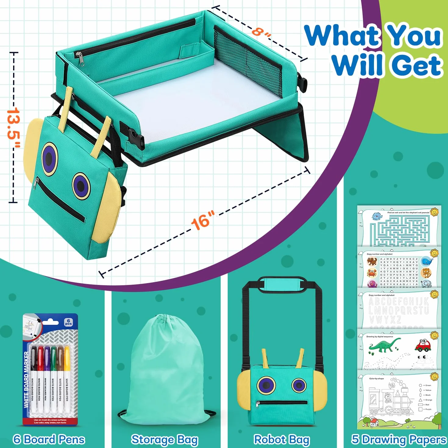 COOLJOY Mesa Coche Niños Bandeja Viaje Impermeable Plegable con Papeles Dibujo Educativo
